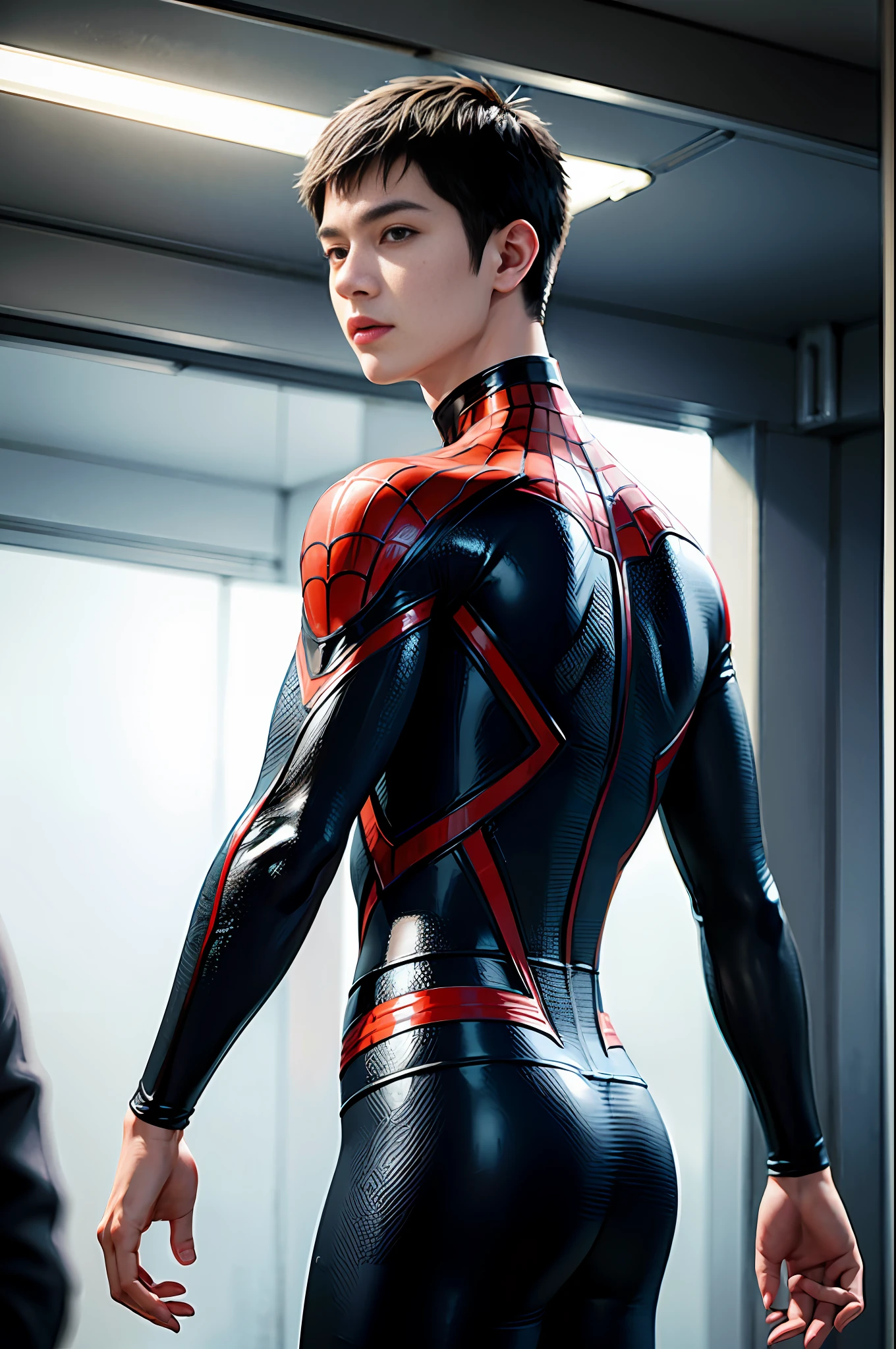 RAW, 21 YEARS OLD CHINESE BOY, NO MASK, MASTERPIECE, SUPER FINE PHOTO, BEST QUALITY, SUPER HIGH RESOLUTION, PHOTOREALISTIC REALISM, SUNLIGHT, FULL BODY PORTRAIT, AMAZING BEAUTY, DYNAMIC POSE, DELICATE FACE, VIBRANT EYES, (VIEWED FROM THE SIDE), HE IS WEARING A FUTURISTIC STEEL MAN SPIDER-MAN COSTUME, VERY DETAILED BACKGROUND, DETAILED FACE, DETAILED COMPLEX BUSY BACKGROUND, MESSY, GORGEOUS, HIGHLY DETAILED SKIN, REALISTIC SKIN DETAILS, VISIBLE PORES, SHARP FOCUS, VOLUMETRIC FOG, 8K UHD , DSLR camera, high quality, film grain, fair skin, photorealism, lomography, sprawling metropolis in futuristic dystopia , seen from below, translucent, convex lower body