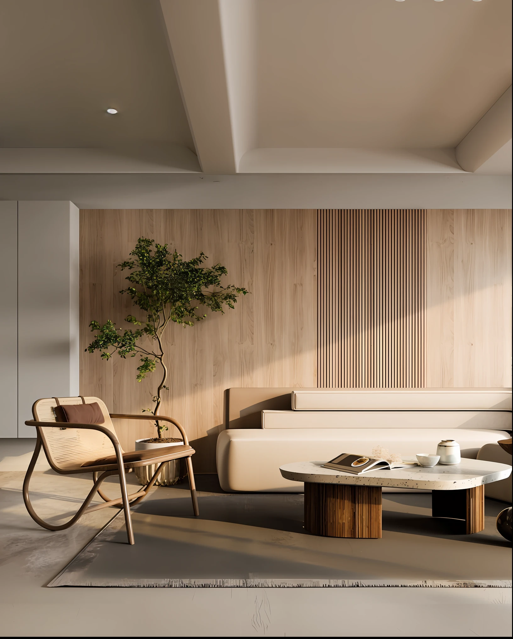 Living room with sofa, chairs, natural realistic rendering, realistic physical rendering, excellent 3D rendering