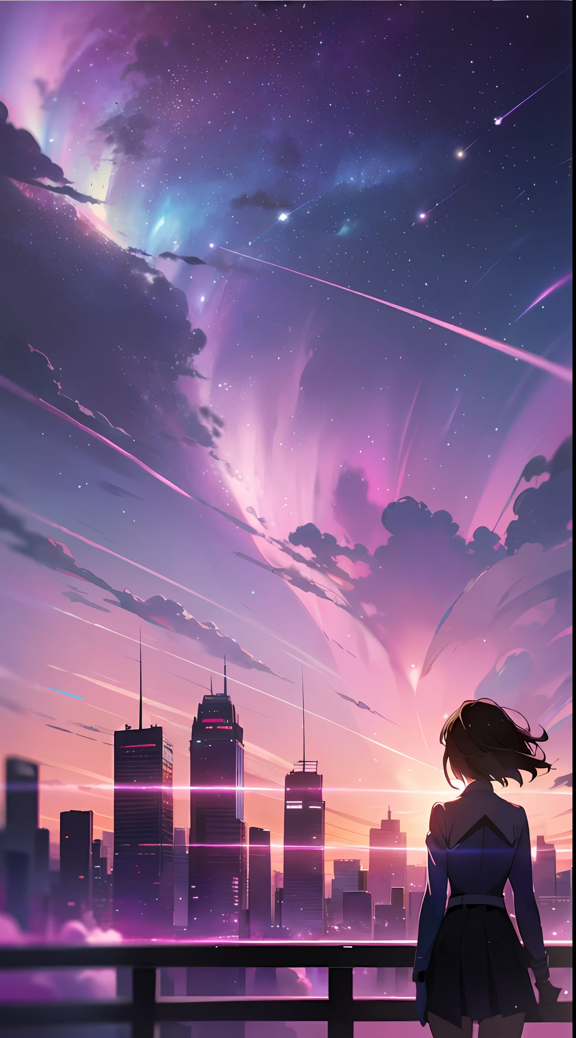Shinkai Makoto style, more details, detailed details, 8K, nebula, pink aurora, clouds, 1 girl, silhouette, depth of field, rich colors, city, (sky: 1.5), (characters: 0.5)