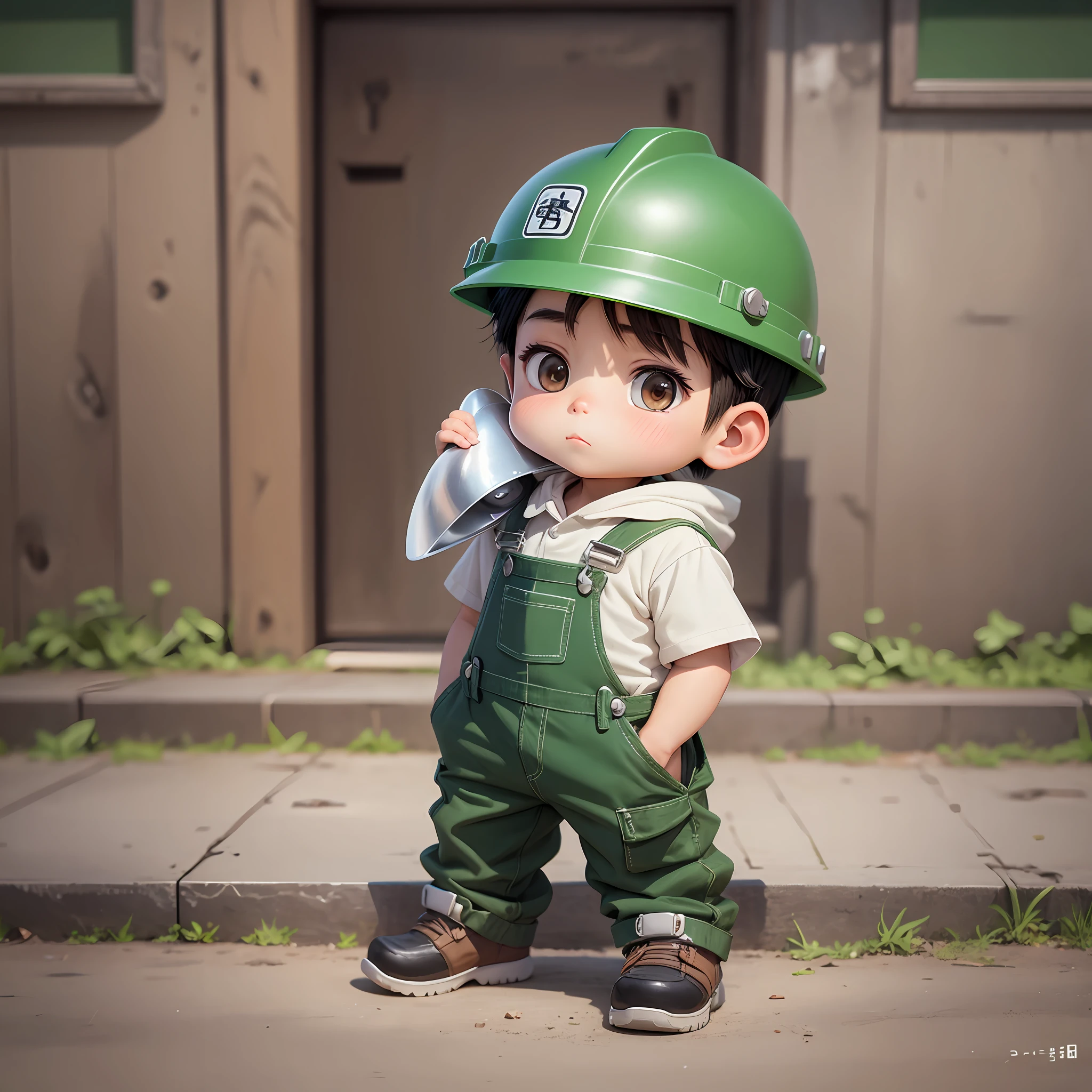 Chinese boy, wearing green overalls, white hard hat, engineer, black hair, cute, brown eyes, pixar, chibi, front, full body portrait --auto --s2