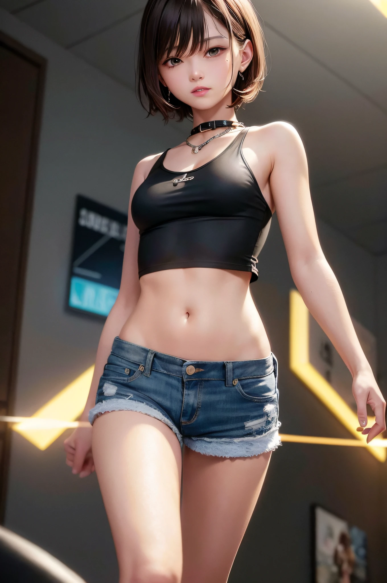 ((medium breasts, tomboy, small head)), (perfect body: 1.1), (short wavy hair: 1.2), auburn, collar, chain, full body shot, crowded city, black tank top , jeans jacket, (shorts), (extremely detailed CG 8K wallpaper), (extremely delicate and beautiful), (masterpiece), (best quality): 1.0), (super high resolution: 1.0), beautiful lighting, perfect Lightning bolts, realistic shadows, [high resolution], detailed skins, ultra-detailed ((colorful))