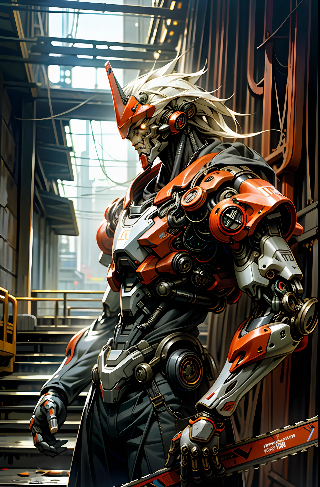 8K wallpapers, ultra-detailed works, cinematic lighting, realistic photos, Dark_Fantasy, Cyberpunk, (chain saw, chain saw man, Red: 1.1), 1man, Mechanical marvel, Robotic presence, Cybernetic guardian, wearing a worn-out mech suit , intricate, (steel metal [rust]), elegant, sharp focus, photographed by greg rutkowski, soft lighting, vibrant colors, masterpiece, ((street)), cowboy shot, dynamic pose,