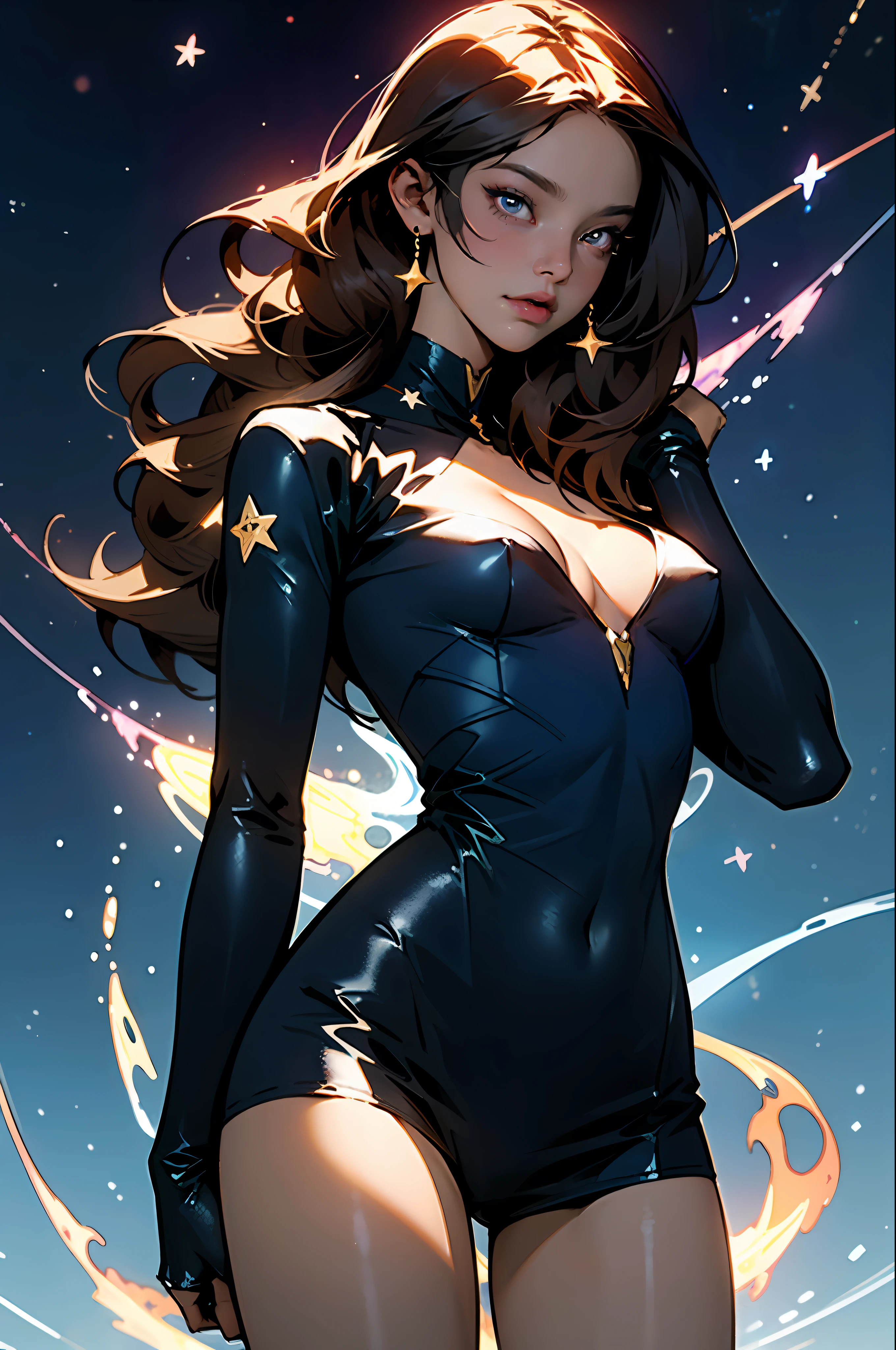 ((Best quality)), ((masterpiece)), (detailed: 1.4), (Absurd), Gynoid, (((action pose))), glowing skin, perfect body, defined muscles, half-thick bare thighs, closed mouth, only in panties, (((include stars all over the outfit))), muscular body covered by very dark blue and gold clothing, with nebula effect, Genesis evangelion style, cyberpunk, generous neckline, ((perfect medium breasts)), (well-outlined eyes without pupils), ((long and very black eyelashes)), (((dark blue clothing with gold stars))), (((brown hair with locks))), (((rot rod flames covering the breasts)))), (Cosmic tattoo on the arms), short underwear, garter belt, by mucha, niji --V5, close to real, psychopathic, crazy face, sexy pose, 2 piece clothing, pastel, centered, scale to fit the dimensions, HDR (High Dynamic Range), Ray Tracing,NVIDIA RTX,Super-Resolution,Unreal 5,Subsurface Dispersion, PBR Texture, Post-processing, Anisotropic Filtering, Depth of field, Maximum clarity and sharpness, Multilayer textures, Albedo and specular maps, Surface shading, Accurate simulation of light-material interaction, Perfect proportions, Octane Render, Two-tone lighting, Wide aperture, Low ISO, White balance, Rule of thirds, 8K RAW