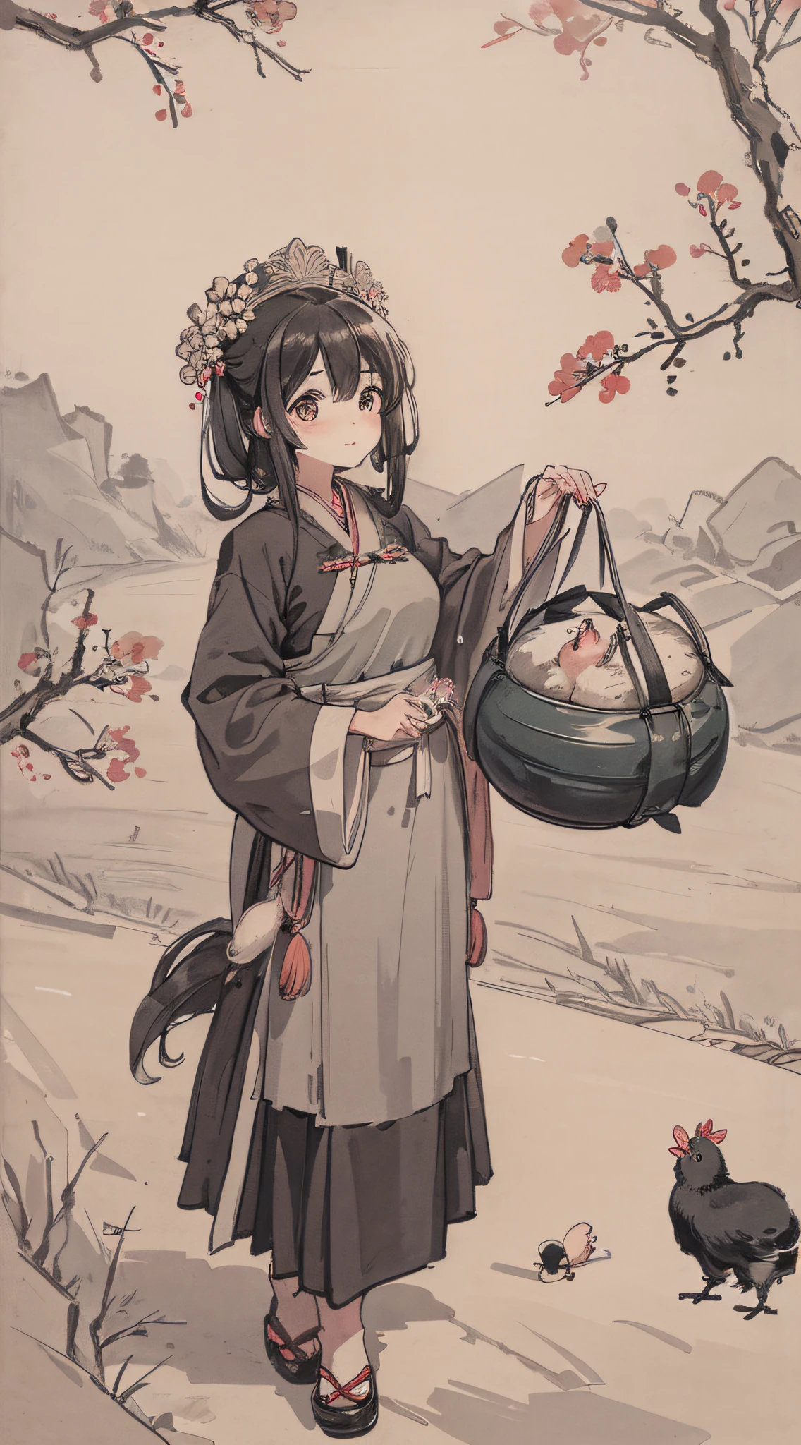 Girl driving tractor, big eyes, black hair, pig, funny, hanfu, cloth shoes, a group of piglets, chickens, dogs, fields, rice, big moon, hd