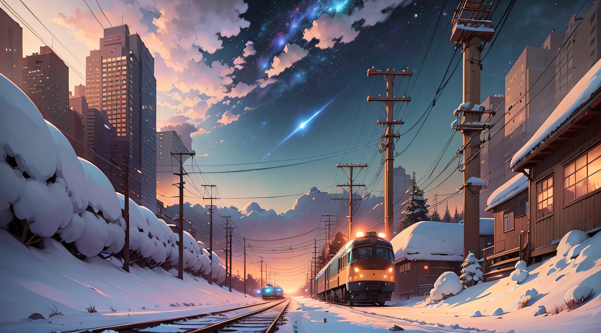 There is a train running along the tracks in the snow, Makoto Shinkai's concept art, tumblr, magic realism, beautiful anime scenes, cosmic sky. by makoto shinkai, ( ( makoto shinkai ) ), anime background art, anime backgrounds, Makoto Shinkai's style, anime movie backgrounds, galaxy express, no humans. --auto --s2