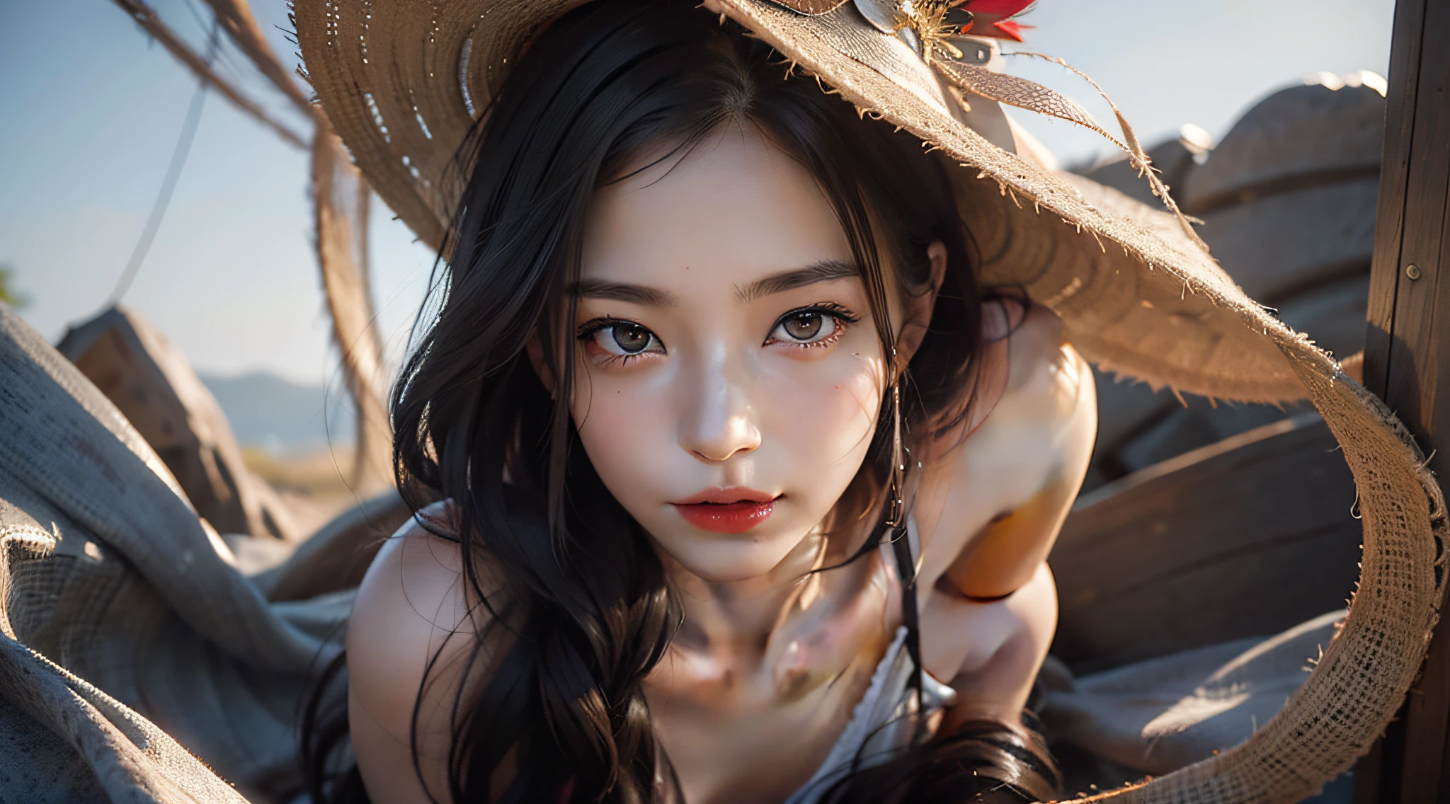 From below, a bewitching and mysterious Japan woman, exquisite and artistic face, affectionate tenderness, piercing gaze, bewitchingly beautiful light smile, very fine white skin, very fine dark red eyes, red lipstick, shiny waist-length long thin white hair, no eyebrows, bare shoulders, naked, no clothes, no accessories, masterpiece, exquisite and artistic face, very detailed and expressive eyes, shiny black hair, Highly detailed face and skin texture, highly detailed skin with pores, detailed hand description, detailed leg description, 8K, 16K, top quality, professional lighting, extreme light and shadow, photon mapping, radiosity, cinematic lighting, dramatic lighting, photorealistic, exquisite CG, physical rendering, ultra-realistic realistic textures, Unreal Engine 5, dynamic angles,