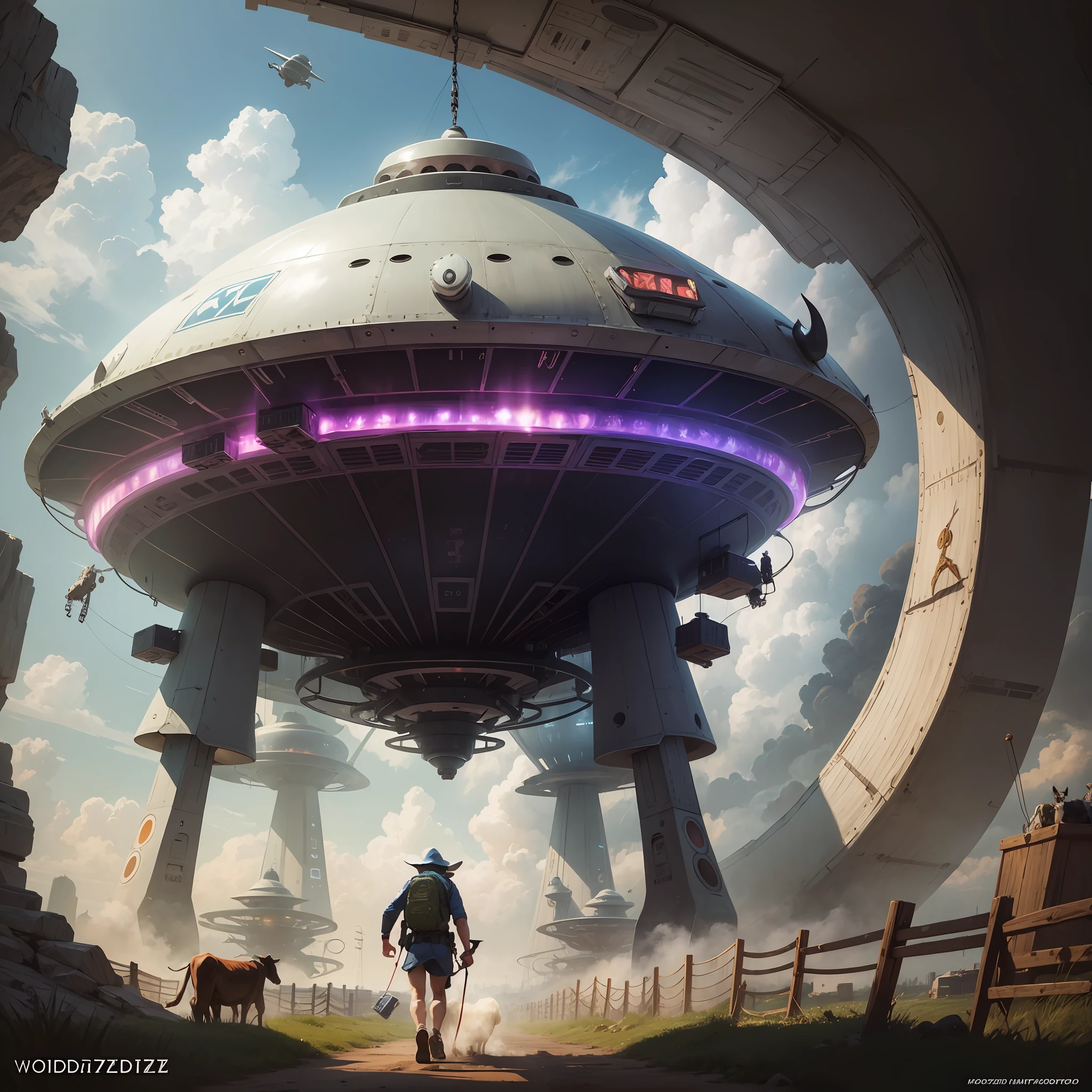 wooditize a cow being taken away by a UFO spaceship, artwork seen from the front --auto --s2