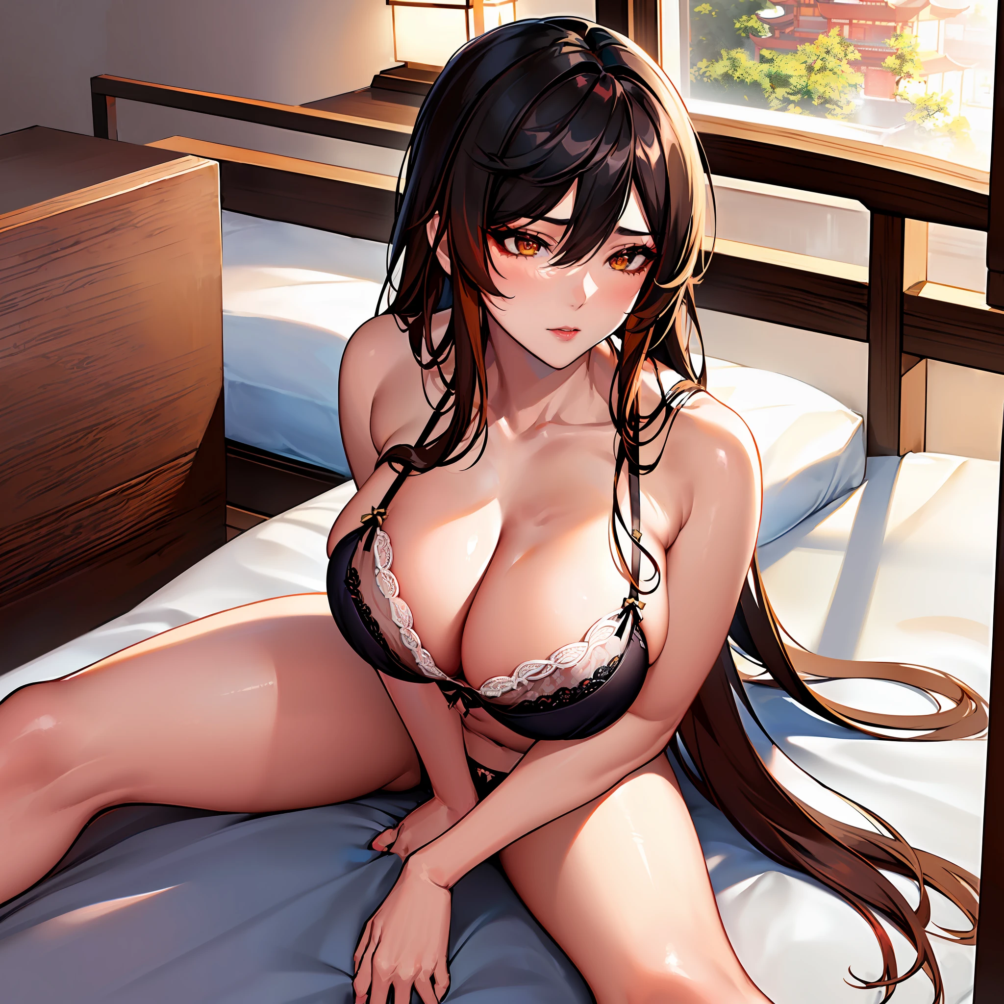 1girl, solo, zhongli, genshin impact), detailed face, high quality, (( sexy Chinese lingerie, laying in a bed, indoor, bed, bedroom, well detailed background, detailed face, detailed eyes, mature woman, amber eyes, brown hair, long hair, big breasts, calm face, queen, makeup, cleavage, sexy, topless, erotic, exposed breasts, exposed shoulders, exposed skin, exposed thighs , mature lady, lingerie