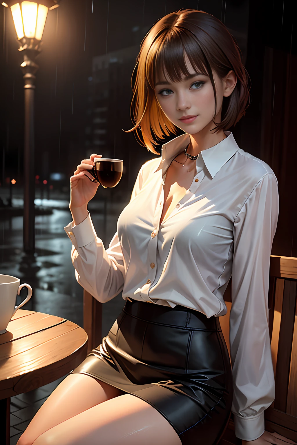 (64K, UHD,
 best quality, masterpiece: 1.2), (realistic, photo-realistic: 1.37), ultra-detailed, 1 girl, beautiful, solo, beautiful detailed sky, detailed coffee, night, sitting, dating, (flushed nose), (smile: 1.15), (mouth closed) small breasts, beautiful detailed eyes, (collar shirt: 1.1), night, wet, business attire, rain, white lace, (short hair: 1.2), floating hair NovaFrogStyle, topless,