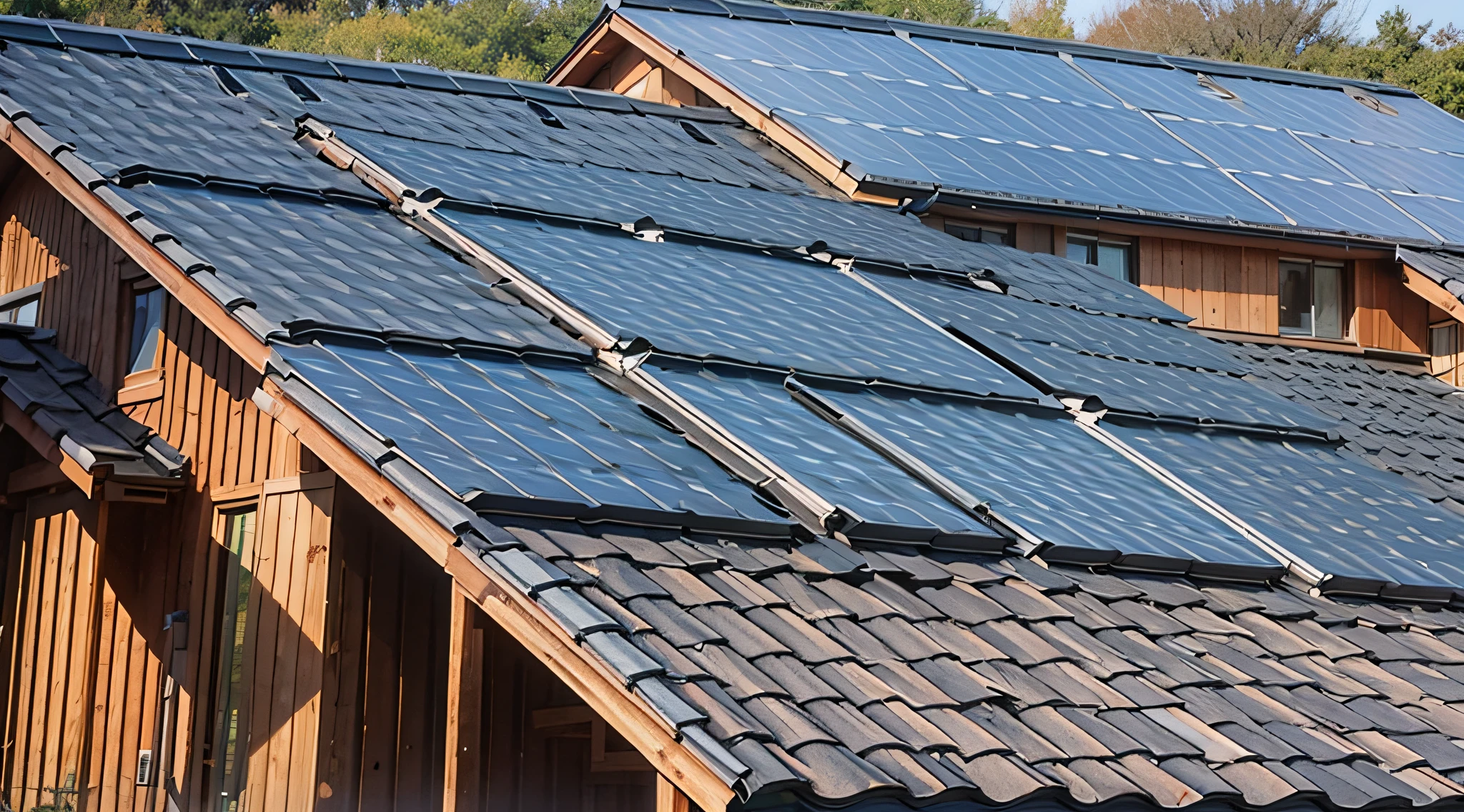 Solar panels are laid on a wooden roof