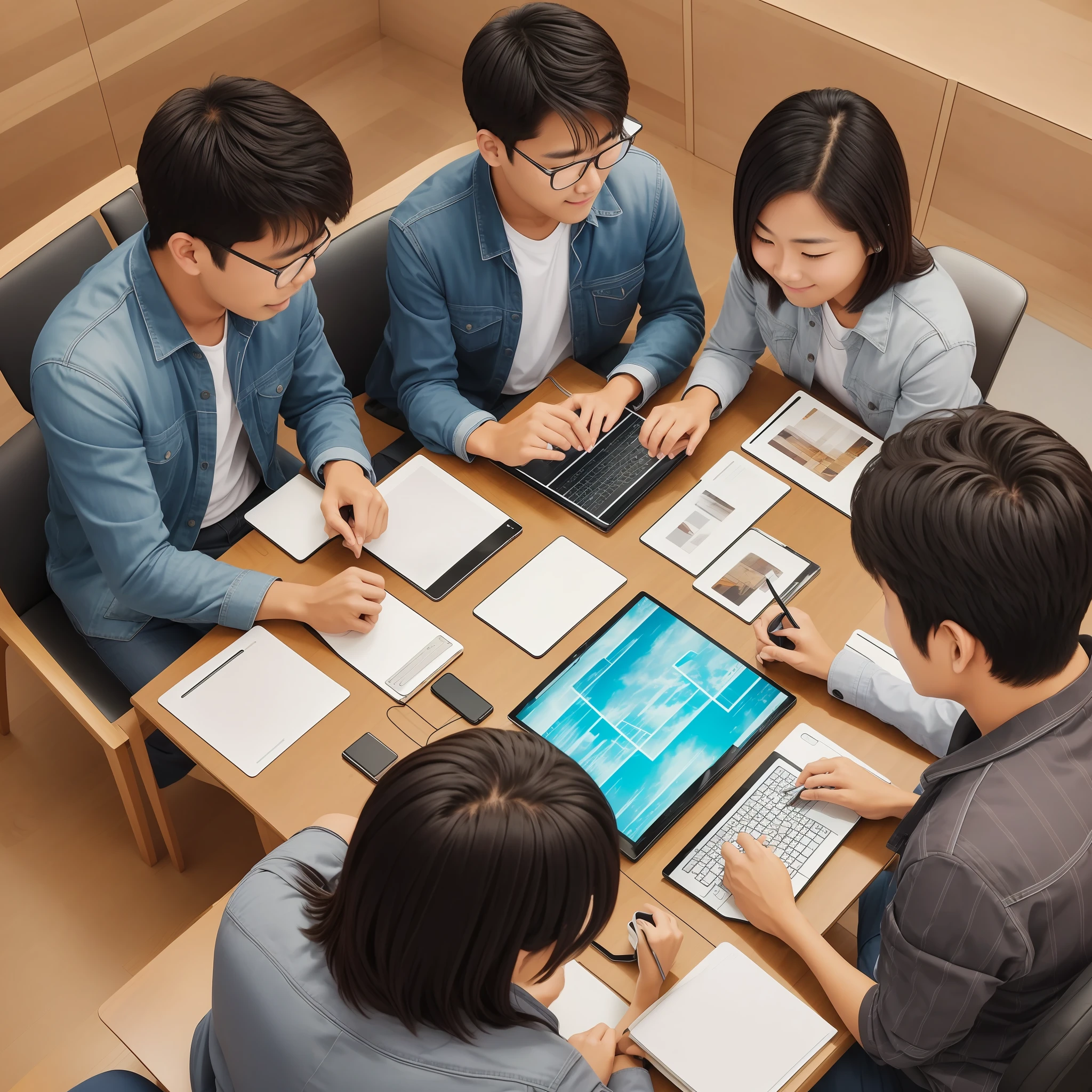 several people sitting around a table with a laptop and a phone, a picture by Tadashi Nakayama, pexels, mingei, ad image, everyone having fun, exceptional, center of image, customers, high quality picture, transparent background, high picture quality, brilliant, あかさたなは on twitter, high quality image --auto --s2