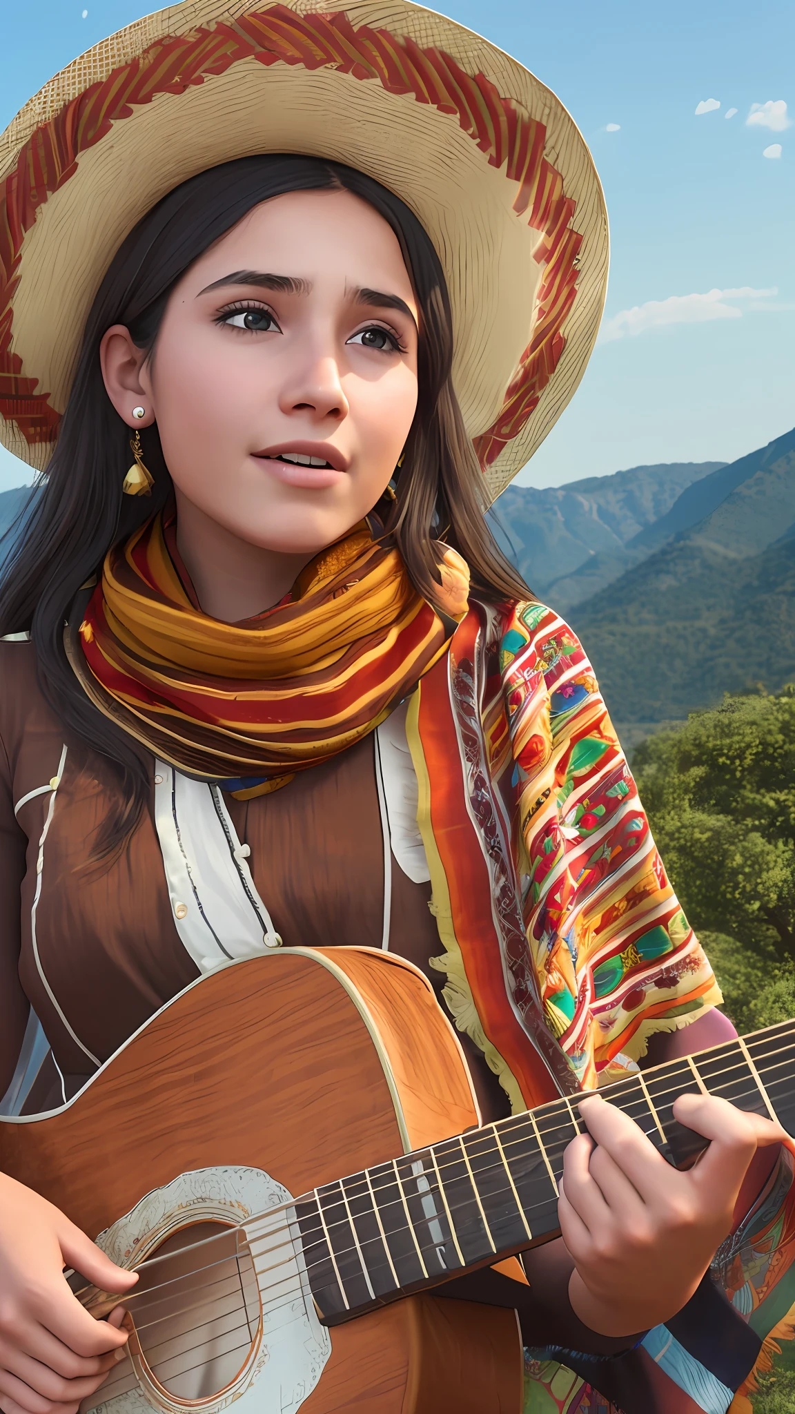 Young woman wearing Mexican hat and scarf, playing guitar, realistic, 8k, --auto --s2