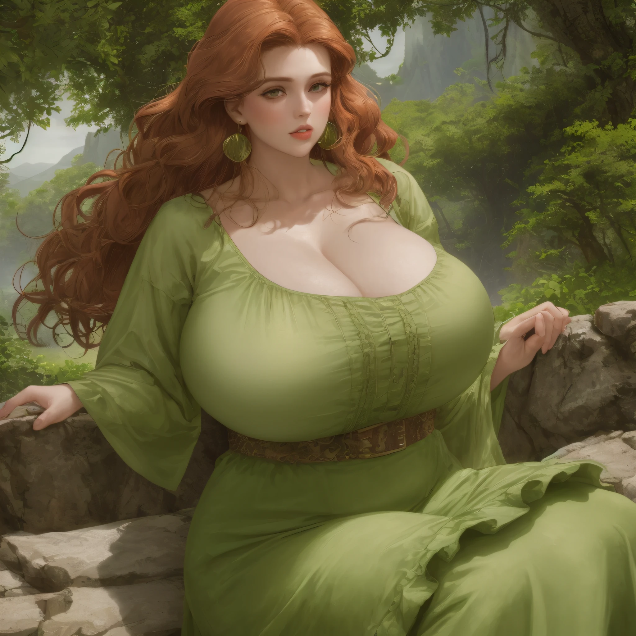 Moll Mactire,(masterpiece:1.2, best quality), realistic, (real picture, intricate details, depth of field), (1girl, solo), smooth skin, parted lips, highly-detailed, perfect face, (huge breasts:1.4), (sitting)(facing viewer), (skindentation), venus body, thick thighs, wide hips, plump waist, voluptuous, glossy soft lips, green tired eyes, voluminous ginger mane, rough outfit in green tweed, chunky and chubby, creole earrings, wolves' cave, runic mountains and forest structures