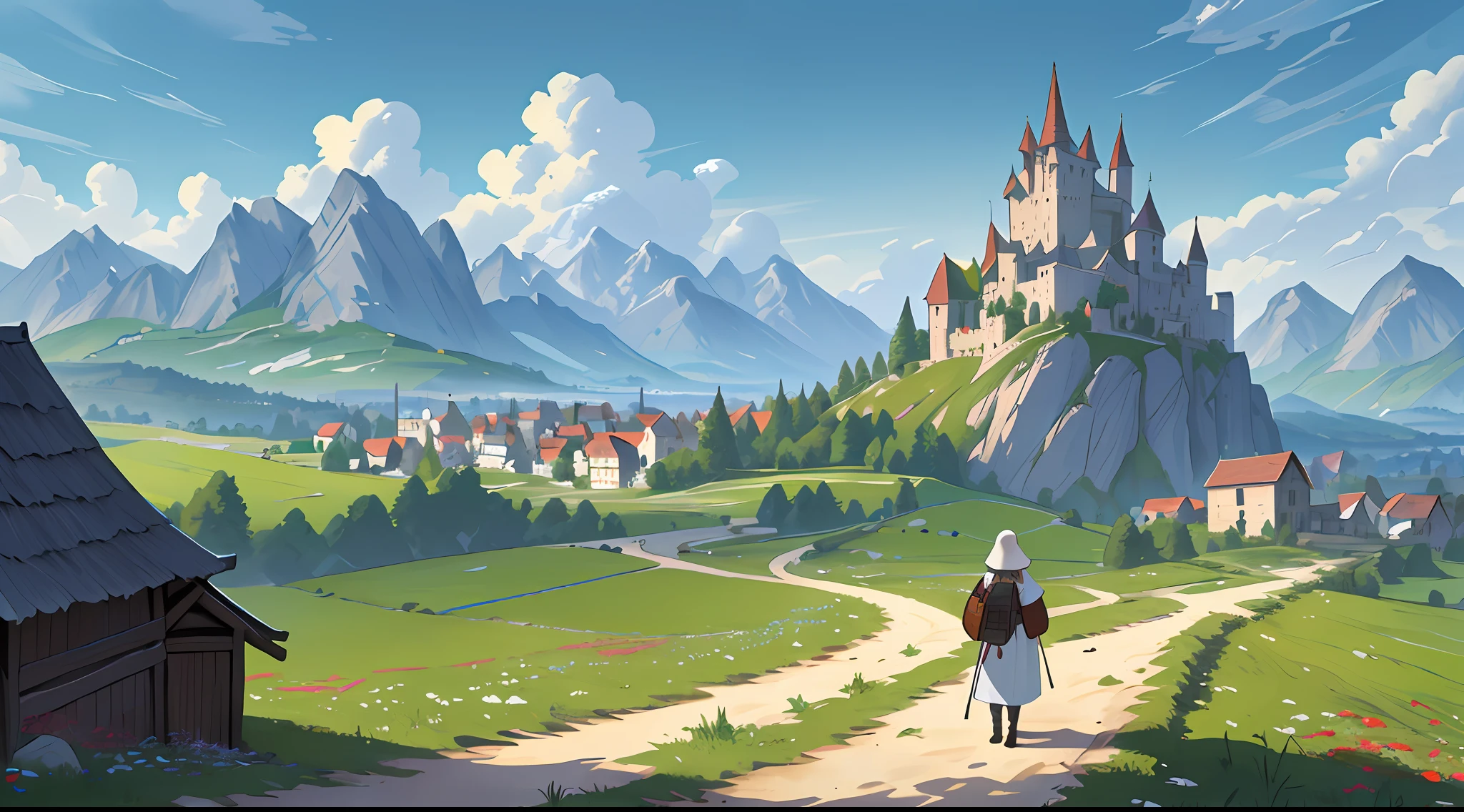 (8k unit wallpaper CG extremely detailed, masterpiece, best quality, ultra-detailed), (((solo))), ((wide shot:1.5)), ((back view)), ((full body)), (an explorer towards a small medieval town), wooden houses in the distance, rock towers in the distance, small mountains in the distance, era-medieval, magnificent scene, well done environment, diverse flowers, (horror film filter), Leaves in the Wind, illustrator, (best illustration)