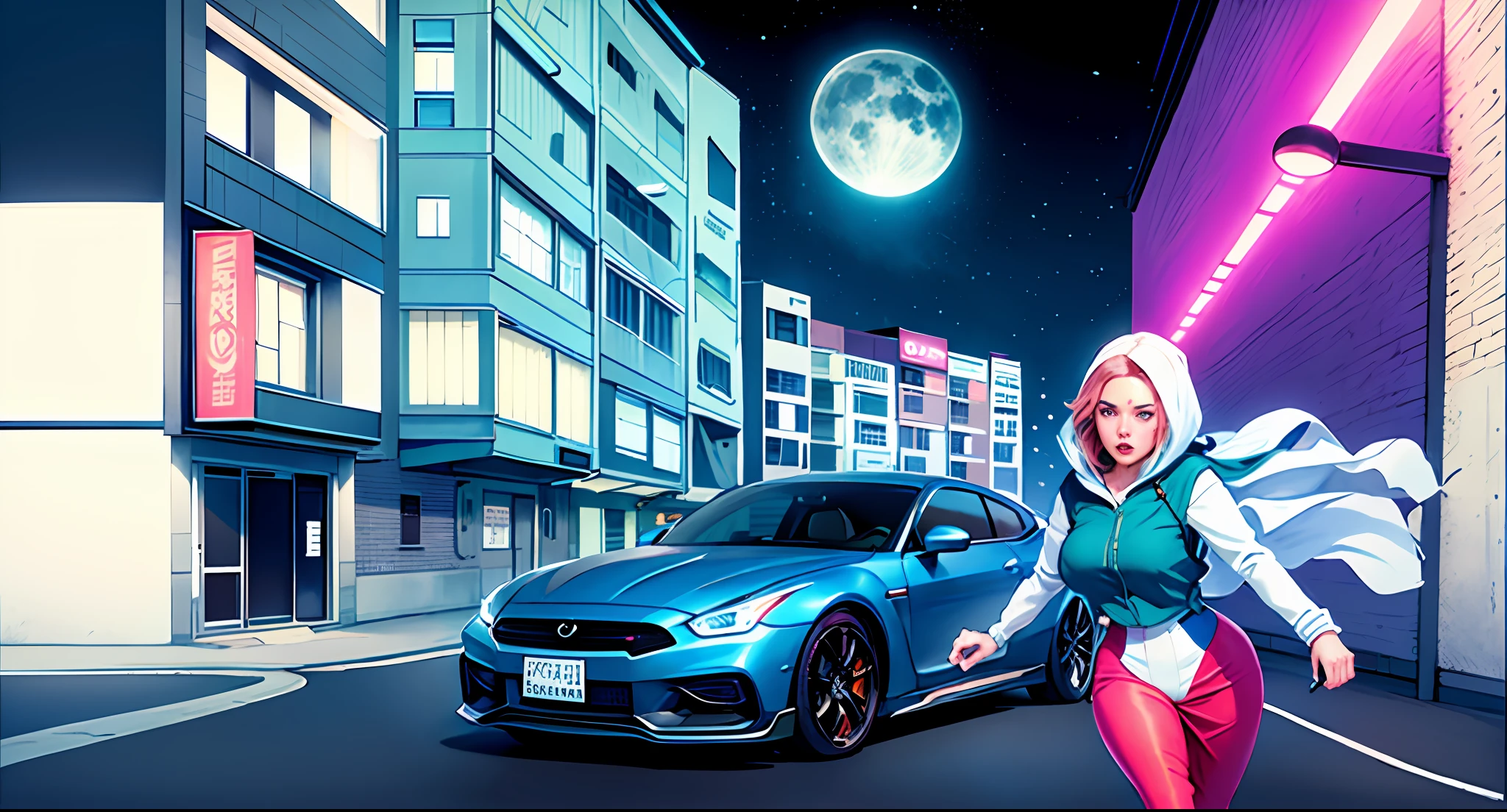 drawing of a woman walking down a street with a car in the background, lunar busy street, city street on the moon, street moon landscape, colorkey scene, anime city lineart, the moon is big an in the city, drawn in a neo - noir style, drawn with photoshop, moons in background, street background, on a street at night, in the moon