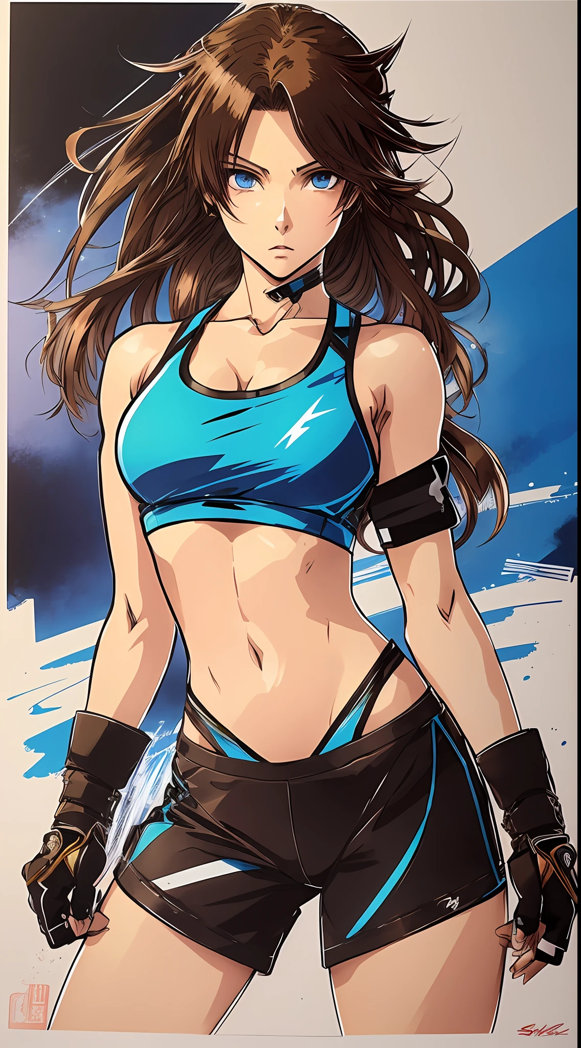 Image of a girl, anime style, yoji shinkawa art, brown hair, seductive body, wearing gym clothes, expressive blue eyes, beautiful, front, art of yoji shinkawa. --auto --s2
