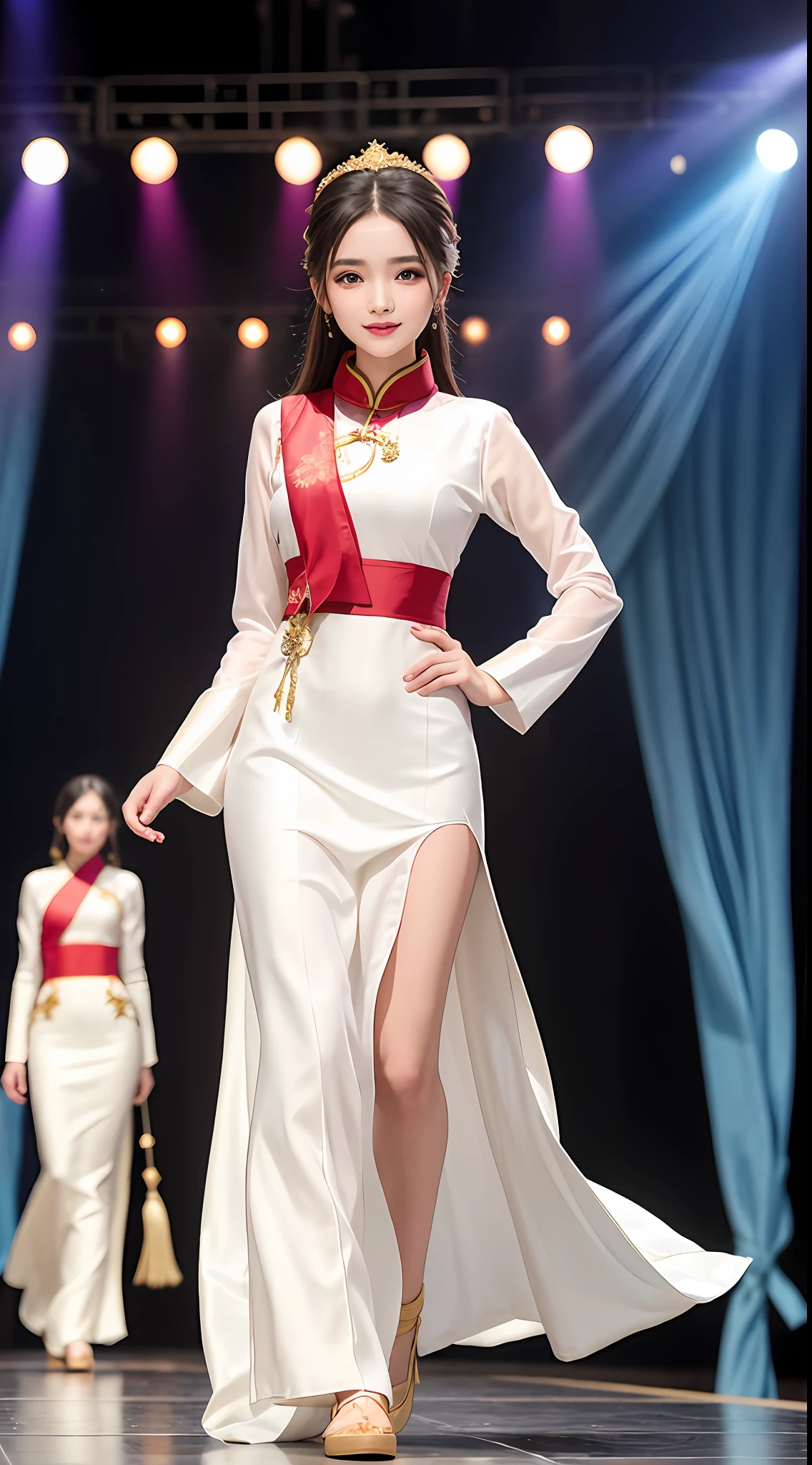 “Create an image of a beautiful girl wearing traditional silk ao dai and non quai thao walking on a fashion show stage. She is 1m7 tall and has a very attractive figure. Her head is adorned with a non quai thao or a dong khanh scarf.”