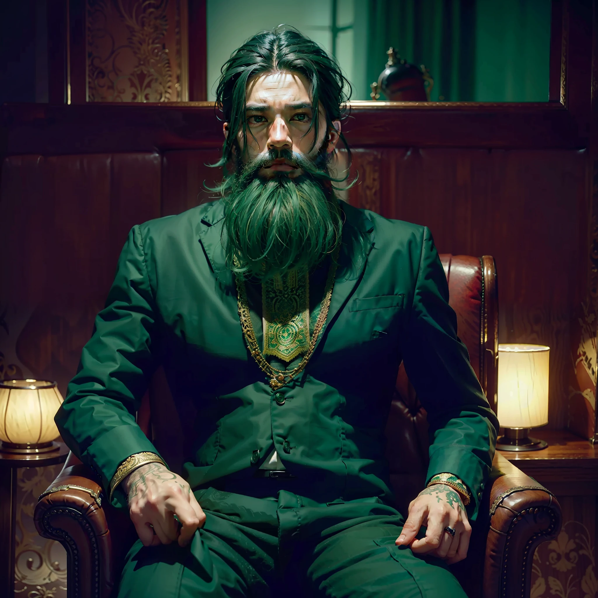 portrait of man sitting in armchair, beards, dark green hair, intricate details, perfect features, dramatic, cinematic lighting, accent lighting, SSAA, smooth rendering, no noise, no lazy prompts