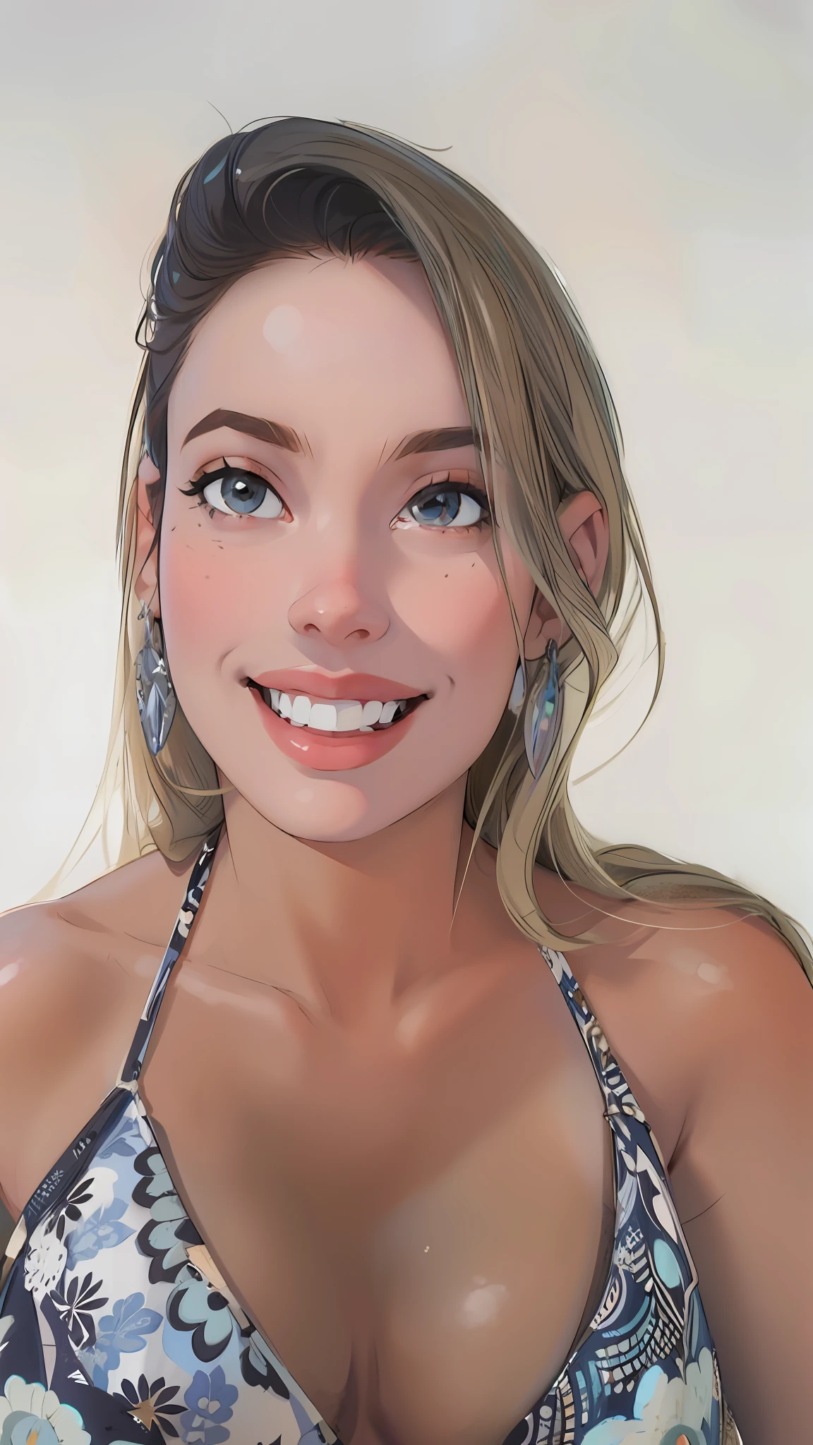 25 year old woman smiling and posing for a photo, intricate details, 8k, uhd, severe low lighting, high quality, sharp focus, fujifilm XT3, drawing style