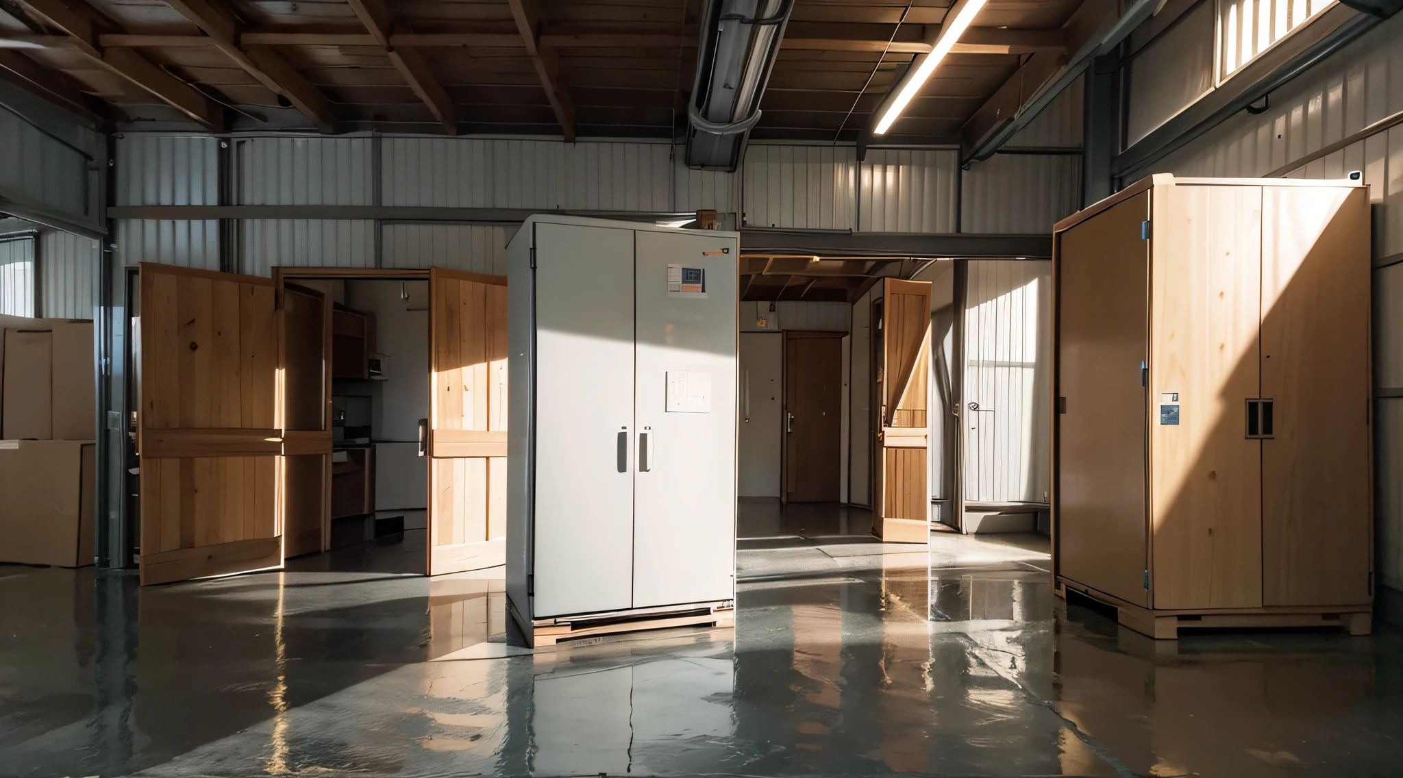 Two large refrigerators are placed on the floor of the wooden house warehouse