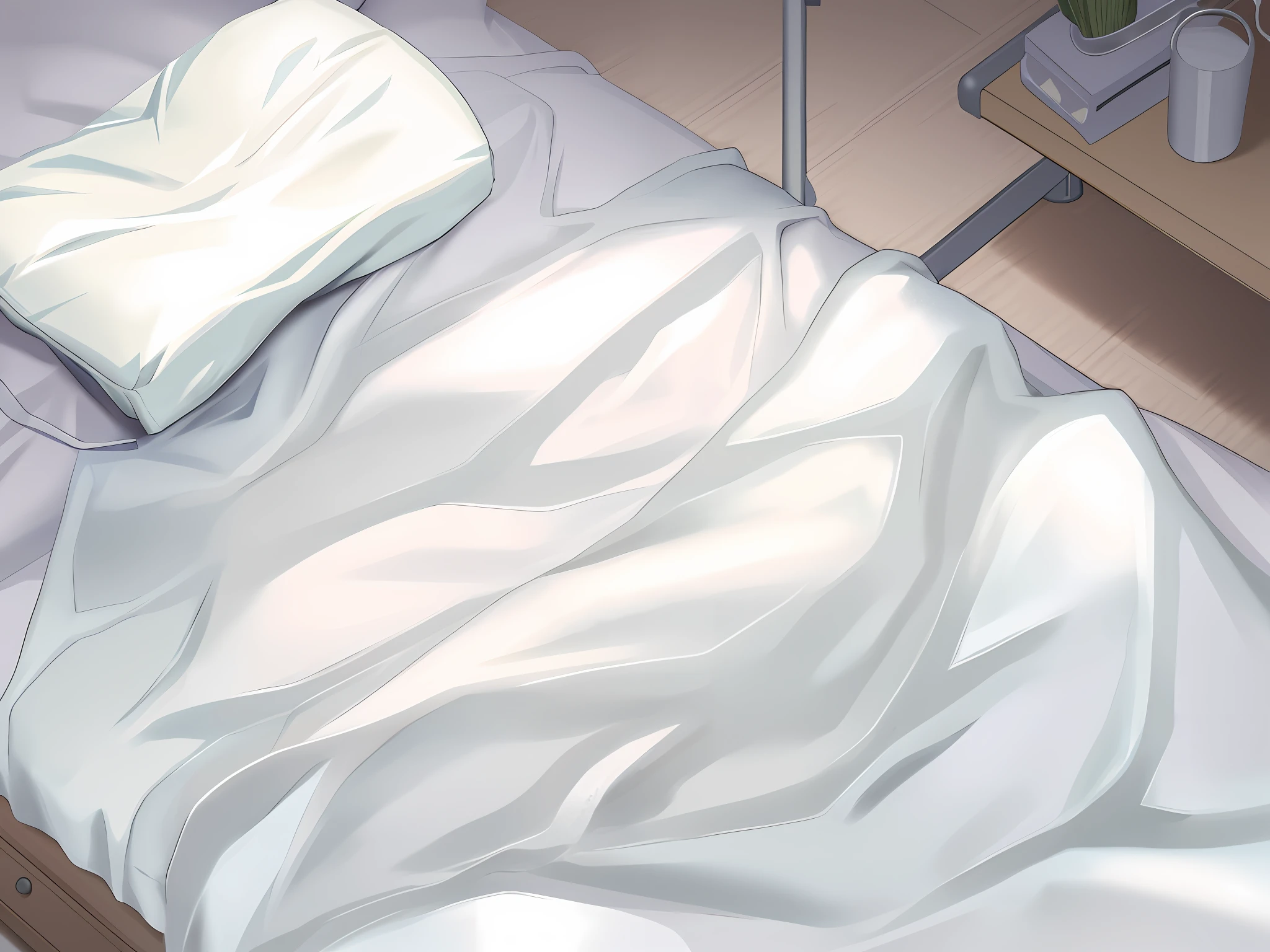White blanket and white pillow bed, semi-realistic, semi-realistic, messy bed, soft anime illustration, lying in bed, random background scene, bedroom background, bottom angle, semi-real, anime background art, awakening, anime background, lying in bed!!!! blanket, exact details, bed, wikihow, sterile background