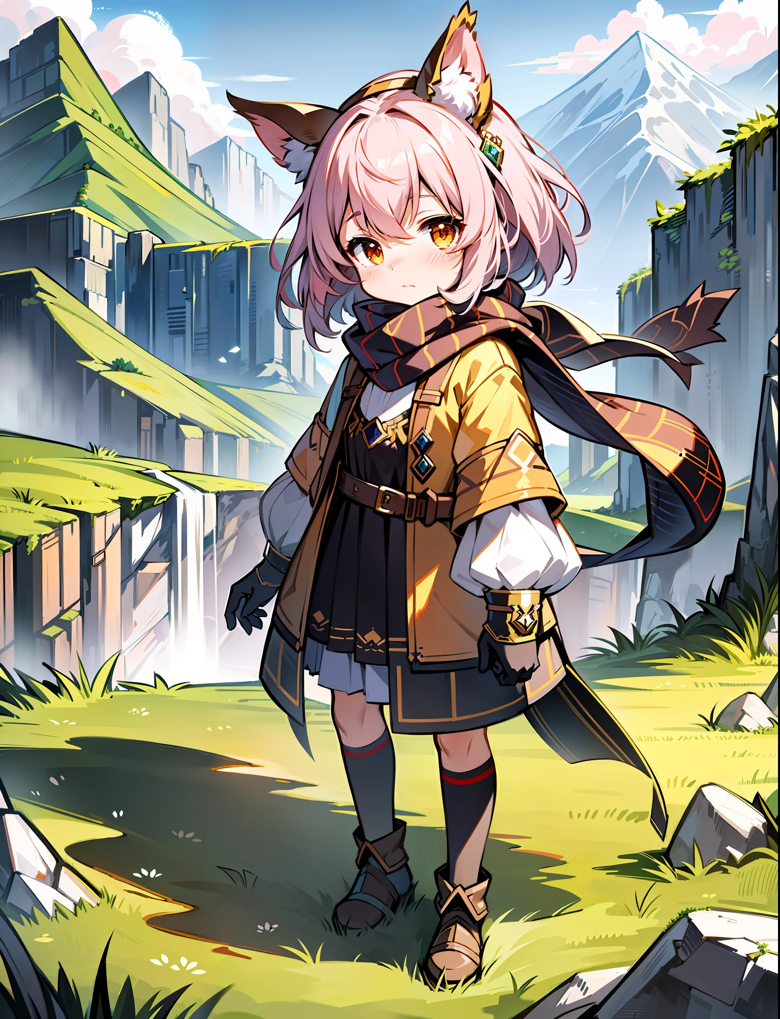 anime girl with a cat hat and a scarf standing in front of a mountain, crisp clear rpg portrait, ayaka genshin impact, anime visual of a cute girl, smooth anime cg art, girl of the alps, artwork in the style of guweiz, guweiz, rin, detailed digital anime art, lalafell