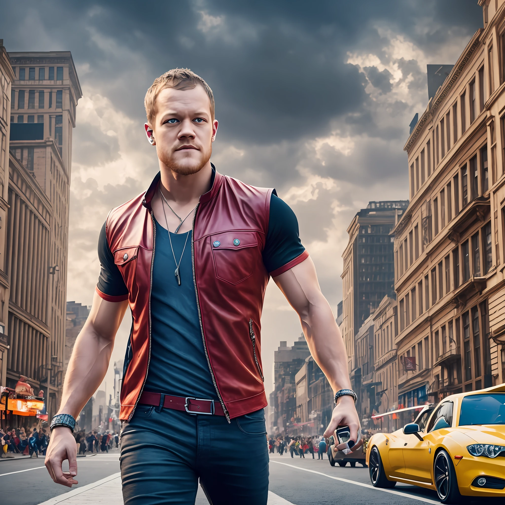 Dan Reynolds of the band imagine dragons in the city with thunder and dragons, 8k, super realistic --auto --s2