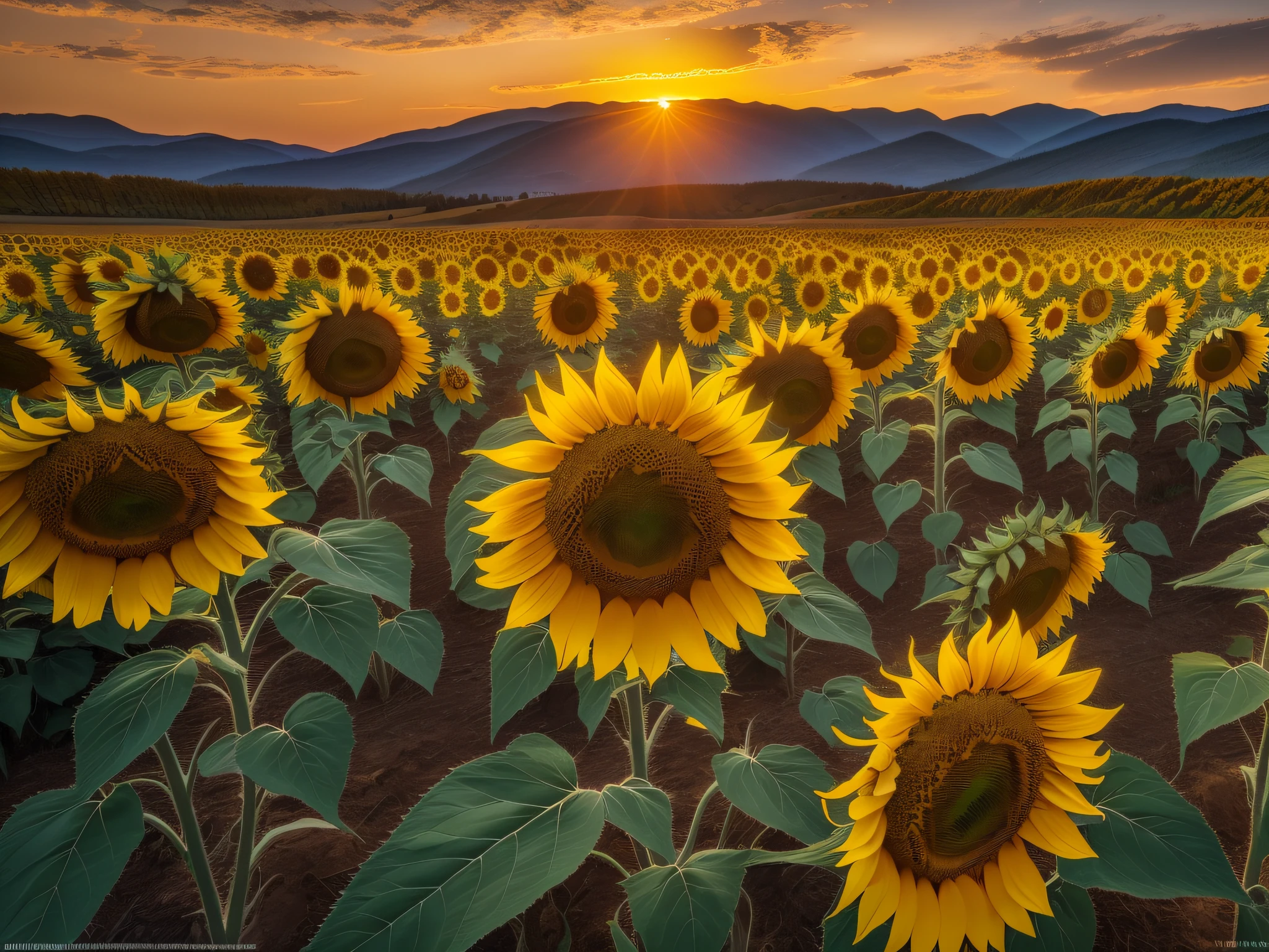 (HDR Photo of a field of sunflowers: 1.5), set in mountain valley, (at sunset with orange and yellow glow in the sky: 1.4), super detail, masterpiece, high details, 16k, photo taken on high end Nikon camera, National Geographic cover shot