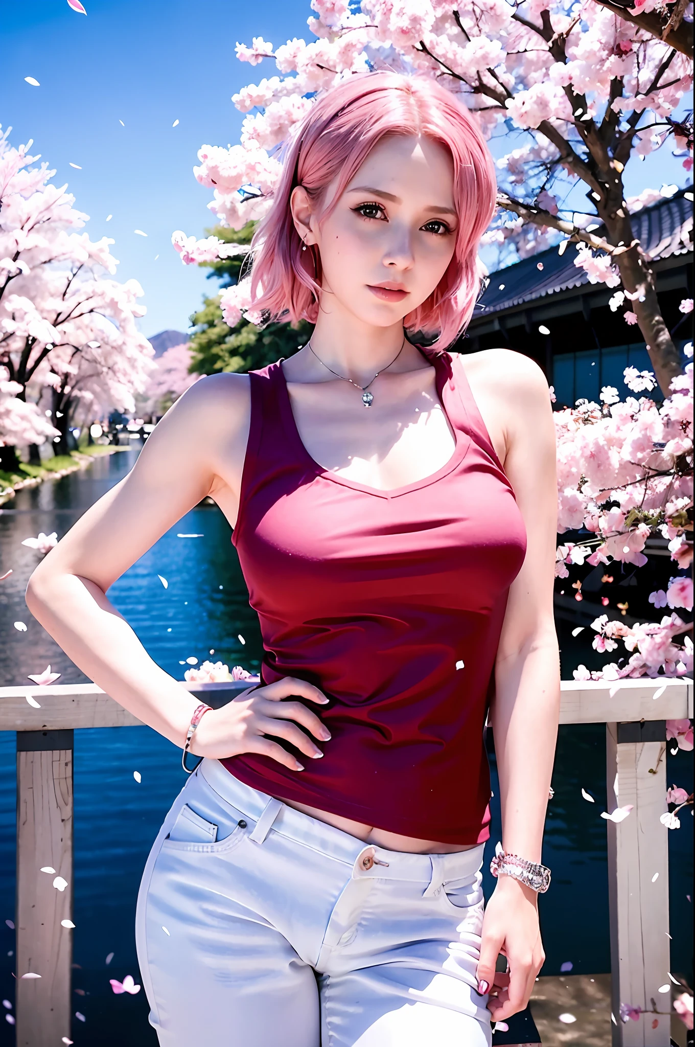 there is a woman with pink hair posing for a picture, anime girl in real life, haruno sakura, cute girl with short pink hair, sakura haruno, realistic anime 3 d style, seductive anime girl, anime style. 8k, anime girl cosplay, beautiful alluring anime woman, attractive anime girl, sakura beautiful anime girl