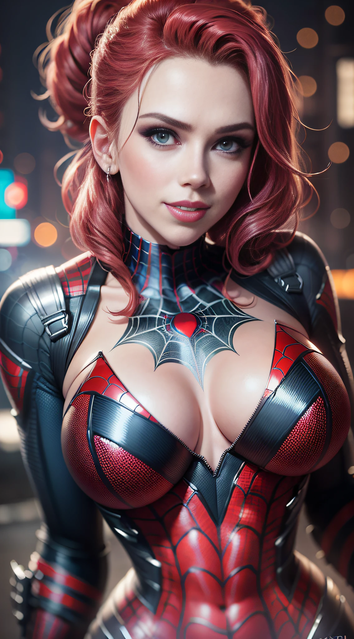 a close up portrait photo of beautiful Scarlett Johansson in spider-man costume, cheeky smile, (jewelry:1.0), high detailed skin, curvy, night cyberpunk city on the background, night time 8k uhd, dslr, high quality, Fujifilm XT3 --auto --s2
