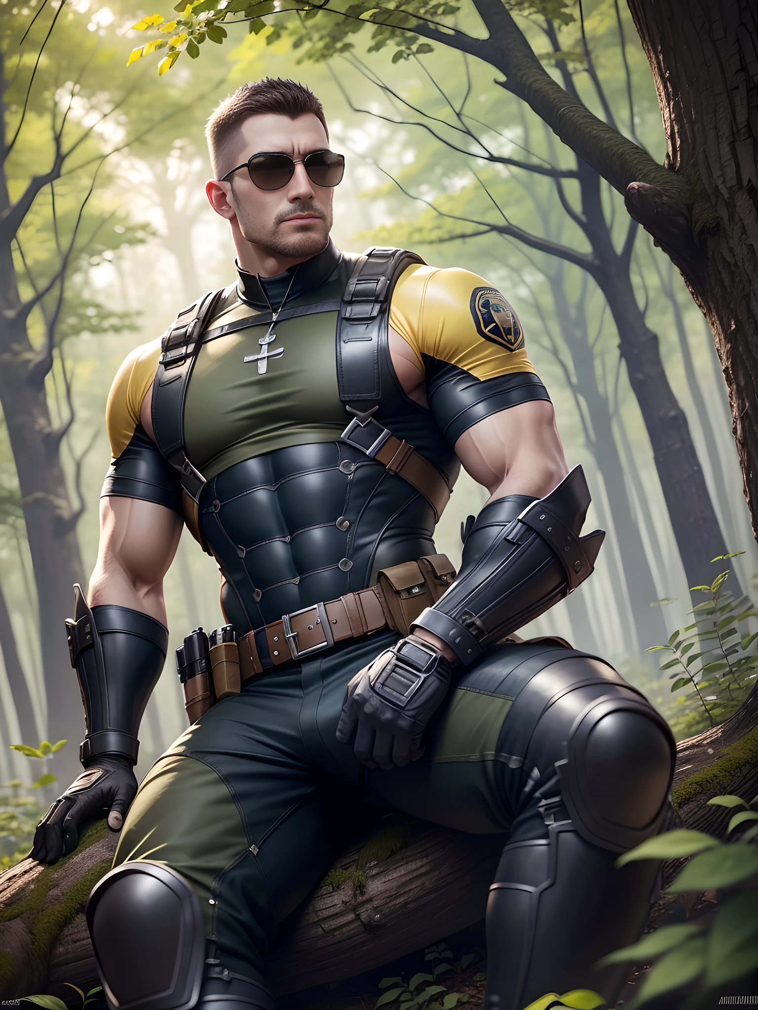 Allard man in yellow and black clothes sitting against a tree in sunny forest, American round head, Buzz Cut, muscle male hero, conceptual art like Ernest Khalimov, looking up at the sky, heroic male pose, muscular! Wearing black sunglasses, cyberpunk, stealth suit, super buff and cool, high resolution committee, Chris Redfield, Jigachard muscle, Ernest Khalimov body, character design police, black military boots, charismatic strong male with armor, sunlight shining through the gaps in the woods