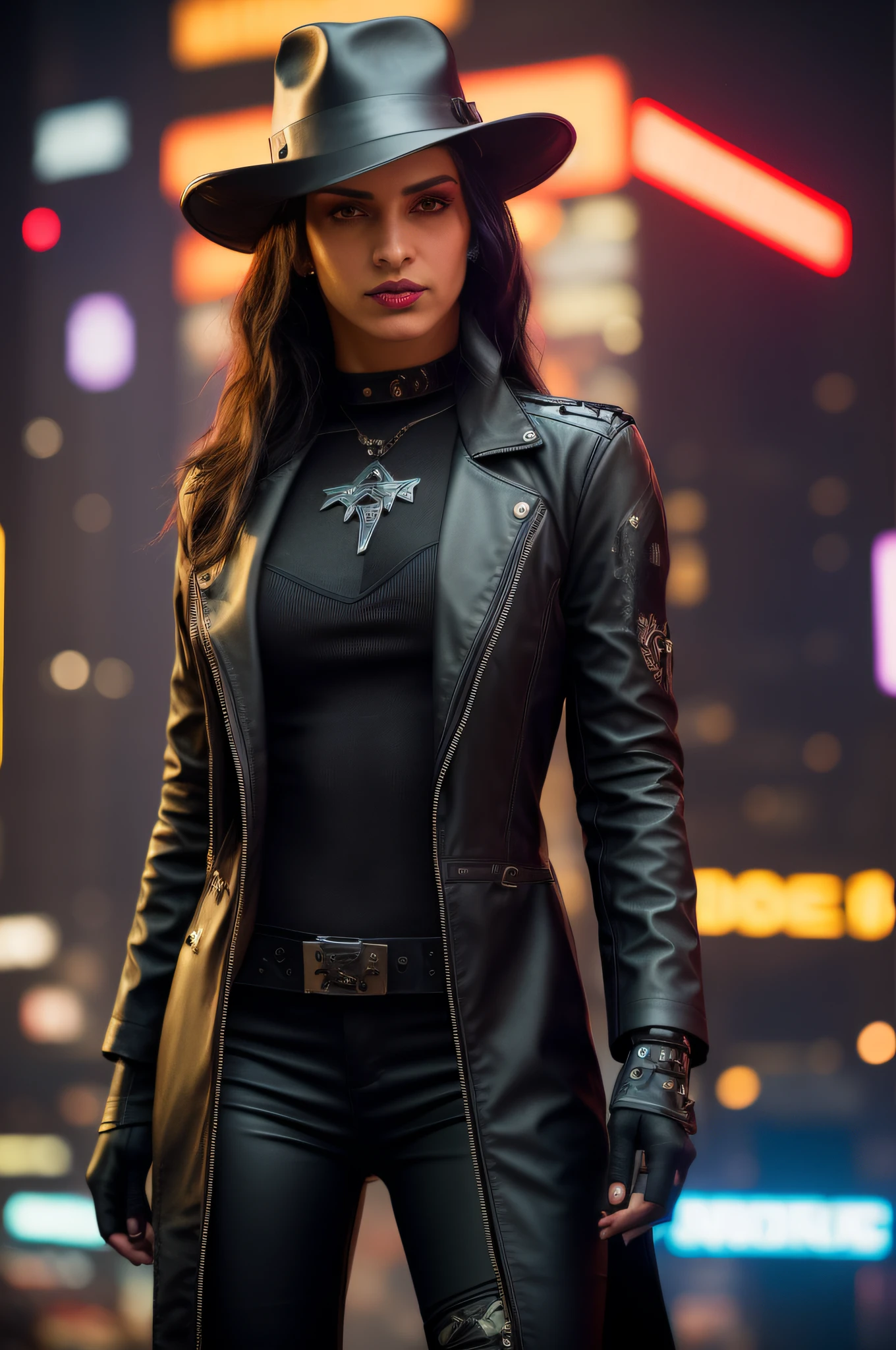 a woman in a black leather outfit and hat standing in the street, cyberpunk judy alvarez, cyberpunk 2 0 y. o model girl, seductive cyberpunk dark fantasy, cyberpunk outfits, cyberpunk jackie welles, cyberpunk style outfit, cyberpunk beautiful girl, cyberpunk fashion clothing, wearing cyberpunk leather jacket, cyberpunk outfit, cyberpunk fashion, beautiful cyberpunk woman model, cyberpunk fashion clothes