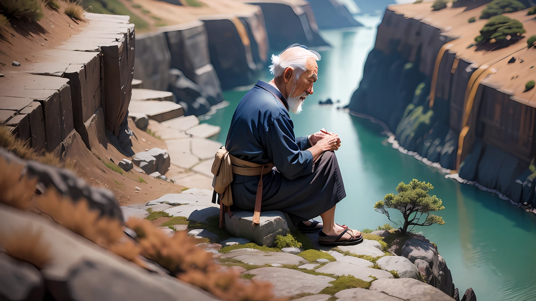 japanese old man sitting on the cliff, realistic, 8k, canon EOS, cinematic --auto --s2