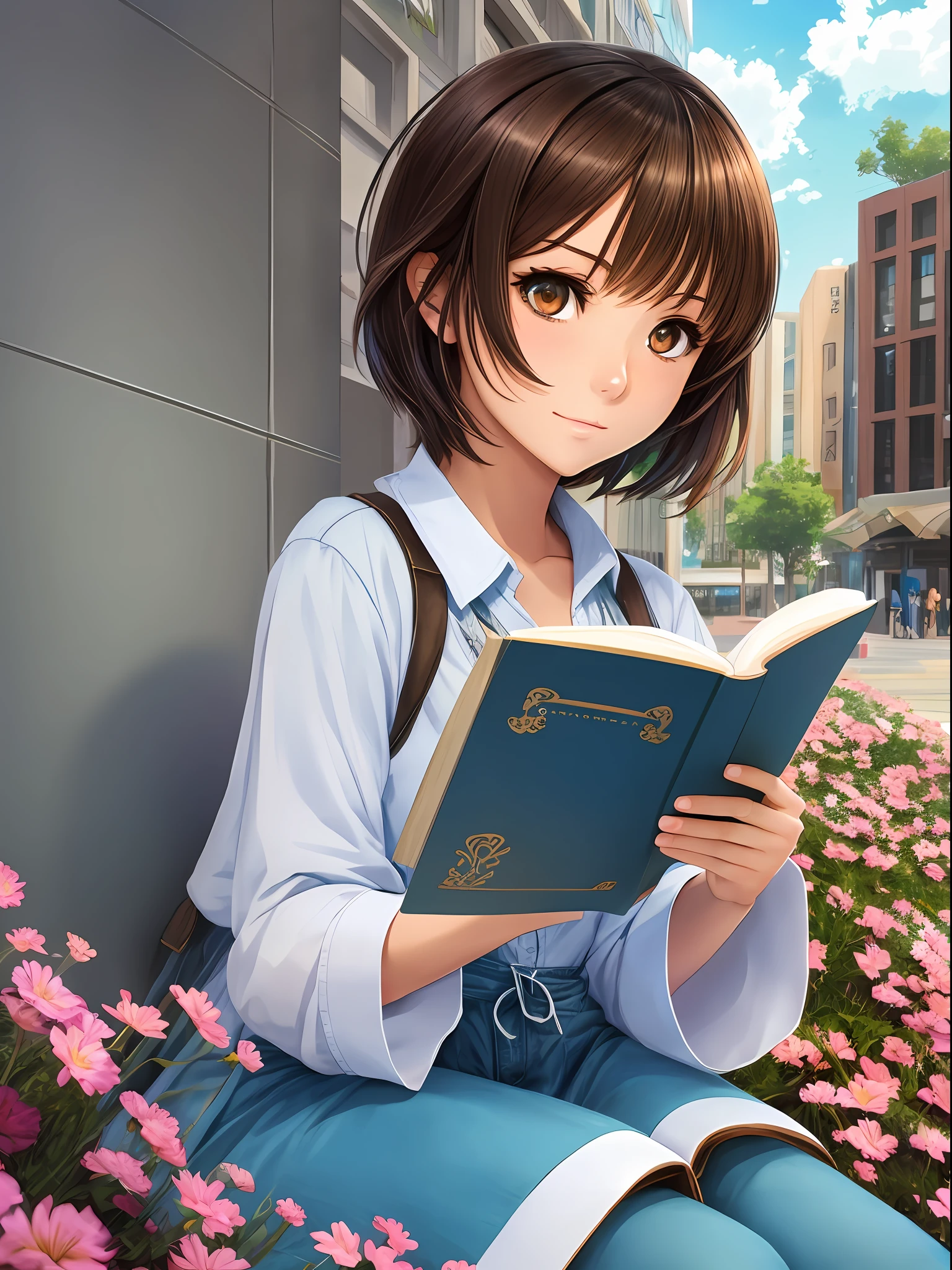 1 anime style girl, brown eyes, short brown hair with blue locks, sitting reading a book in a flowery square, super detailed