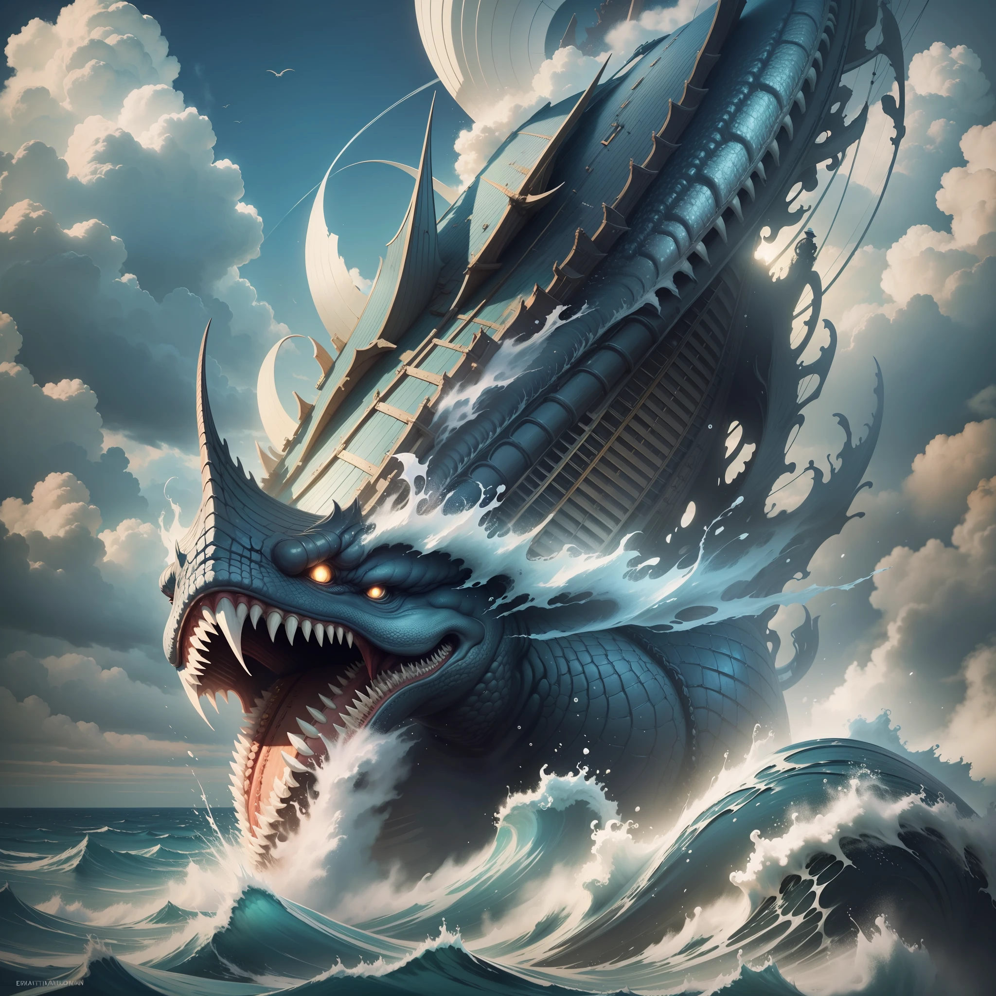 Make an illustrative image of a realistic 4K leviathan at sea
