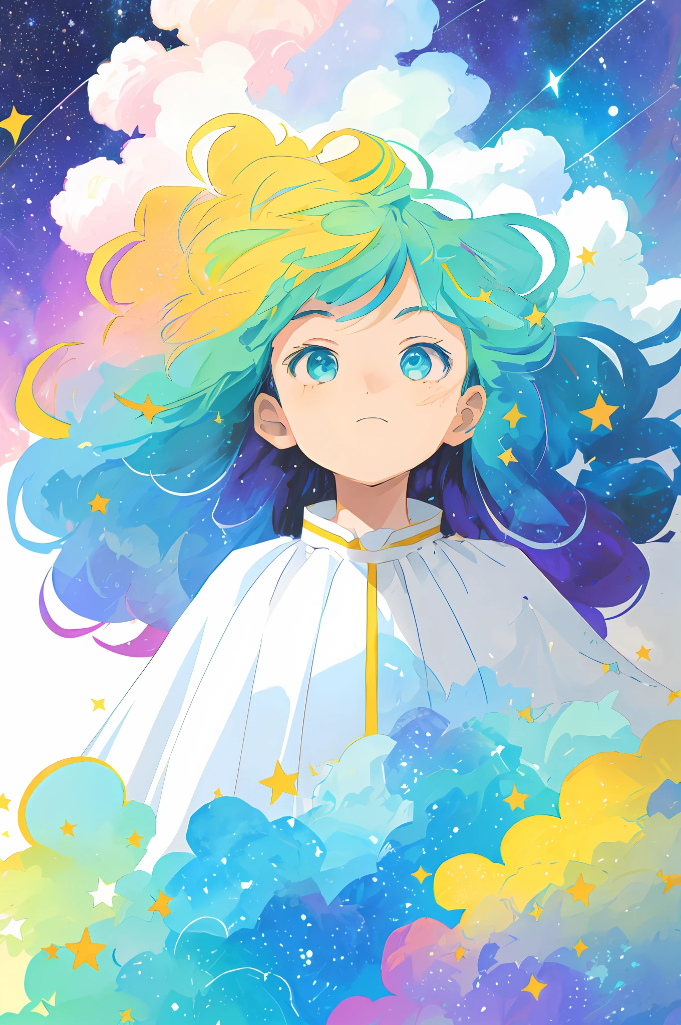 anime girl with blue hair and stars in the sky, anime girl with cosmic hair, anime girl with teal hair, dreamy psychedelic anime, portrait knights of zodiac girl, beautiful anime art style, portrait anime space cadet girl, her hair is the milky way, anime artstyle, anime style illustration, anime art style, anime style portrait, anime clouds, girl clouds