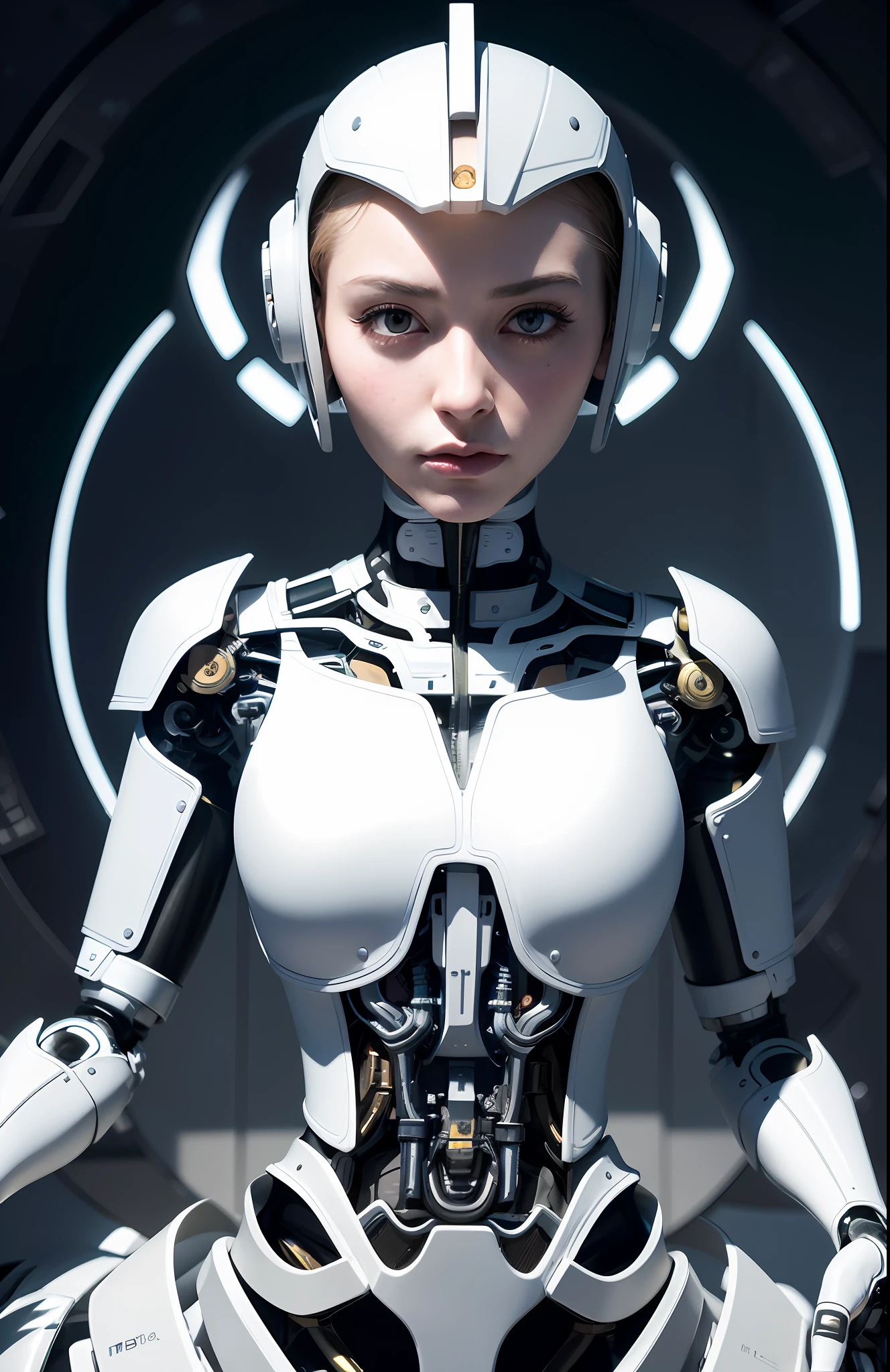 Intricate 3d rendering of highly detailed beautiful ceramic silhouette female robot face, cyborg, robotic parts, 150 mm, beautiful studio soft light, rim light, vibrant details, luxury cyberpunk, lace, surreal, anatomy , Facial Muscles, Cable Wires, Microchip, Elegant, Beautiful Background, Octane Rendering, HR Giger Style, 8k, Best Quality, Masterpiece, Illustration, Very Delicate and Beautiful, Very Detailed, CG, Uniform, Wallpaper, (fidelity, fidelity: 1.37), amazing, fine detail, masterpiece, best quality, official art, very detailed cg unity 8k wallpaper, absurd, unbelievably absurd, robot, silver helmet, full body , sit and write