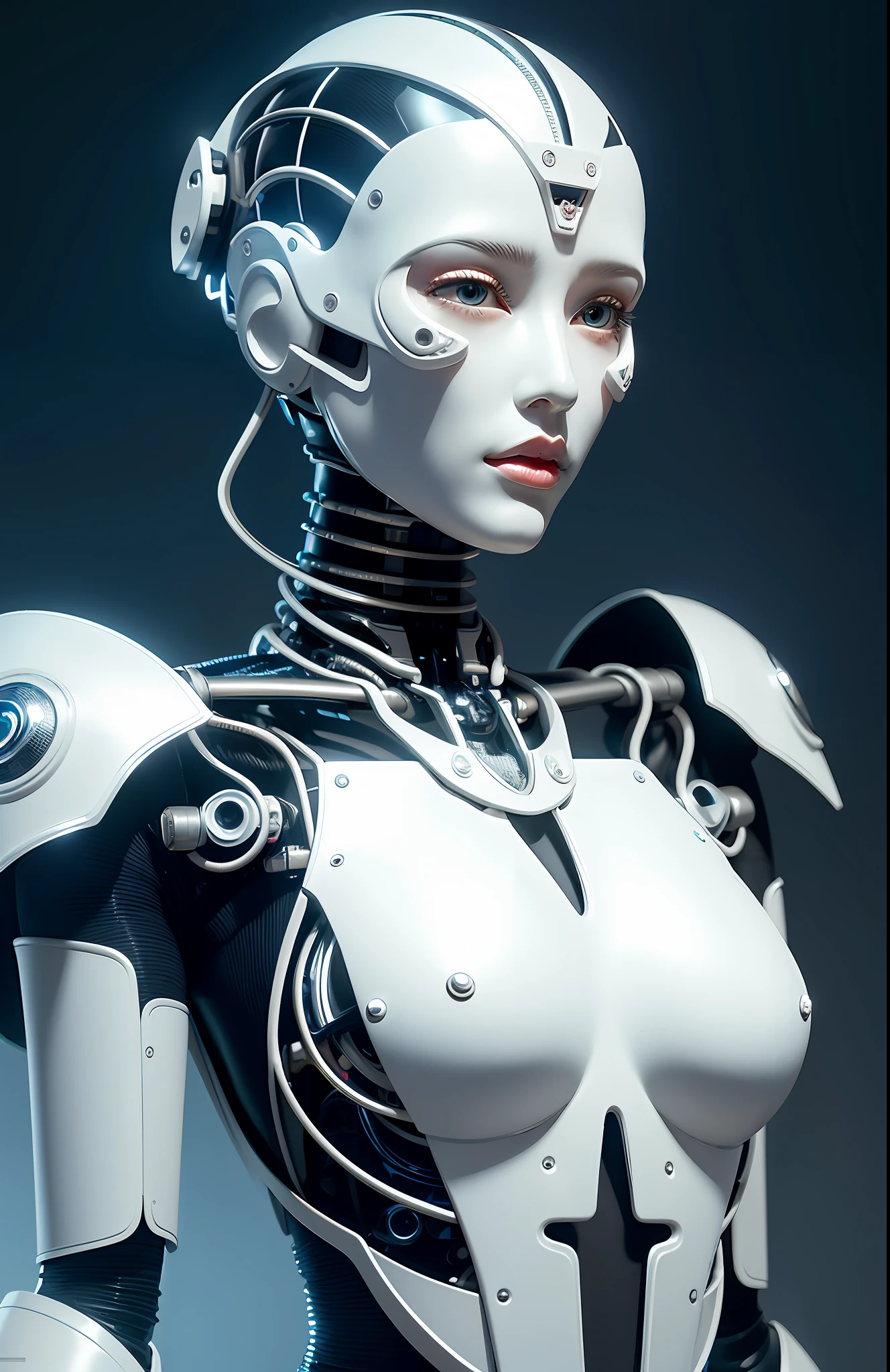 Intricate 3d rendering of highly detailed beautiful ceramic silhouette female robot face, cyborg, robotic parts, 150 mm, beautiful studio soft light, rim light, vibrant details, luxury cyberpunk, lace, surreal, anatomy , Facial Muscles, Cable Wires, Microchip, Elegant, Beautiful Background, Octane Rendering, HR Giger Style, 8k, Best Quality, Masterpiece, Illustration, Very Delicate and Beautiful, Very Detailed, CG, Uniform, Wallpaper, (fidelity, fidelity: 1.37), amazing, fine detail, masterpiece, best quality, official art, very detailed cg unity 8k wallpaper, absurd, unbelievably absurd, robot, silver helmet, full body , sit and write