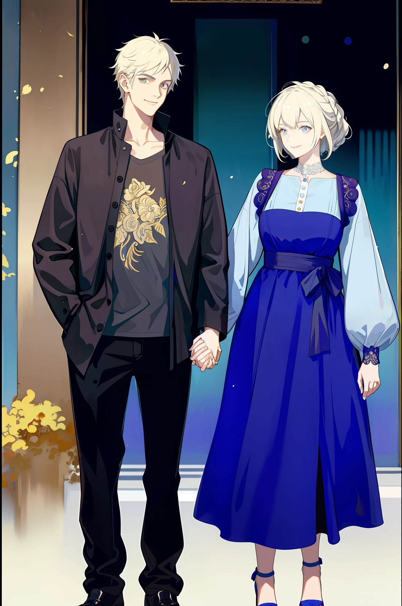 masterpiece, best quality, 2others, couple, 1man with 1woman, mature, adult, Height difference, different fashion, different color, finely detailed eyes and detailed face, intricate details, casual clothes, oversized shirt, modern urban street, holding hands, smile, happy, love