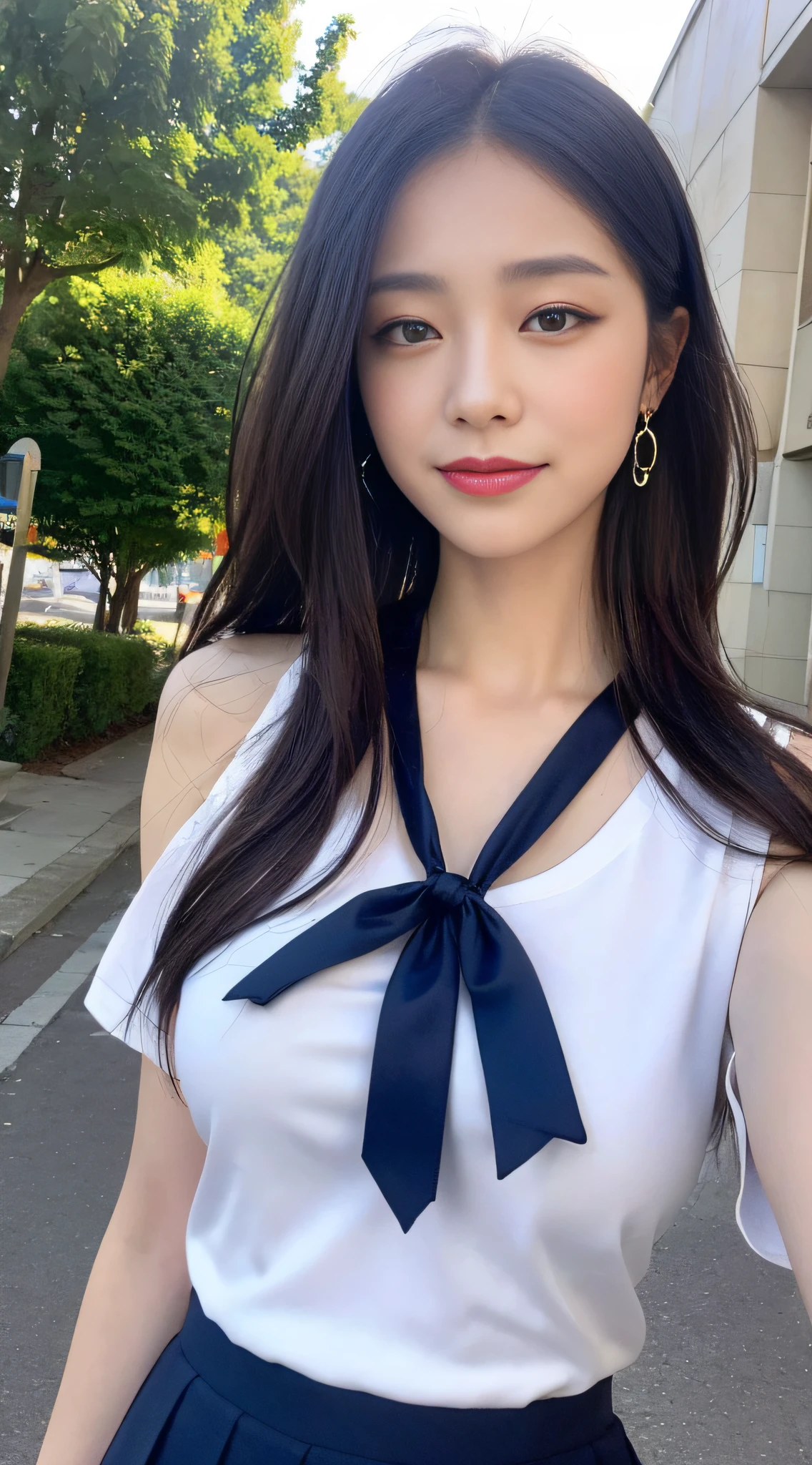((Best quality, 8k, Masterpiece :1.3)), 1girl, beautiful woman with emphasis on slender abs: 1.3, (long hair, big breasts: 1.2), oversized tank top:1.2, ultra-delicate face, delicate eyes, double eyelids, smile, home, (short sleeves JK_shirt), JK_style, (navy JK_skirt), (bow JK_tie), mix4, Detailed eye on city streets