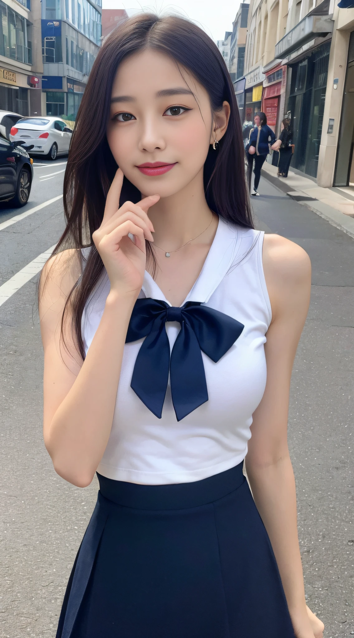 ((Best quality, 8k, Masterpiece :1.3)), 1girl, beautiful woman with emphasis on slender abs: 1.3, (long hair, big breasts: 1.2), oversized tank top:1.2, ultra-delicate face, delicate eyes, double eyelids, smile, home, (short sleeves JK_shirt), JK_style, (navy JK_skirt), (bow JK_tie), mix4, Detailed eye on city streets