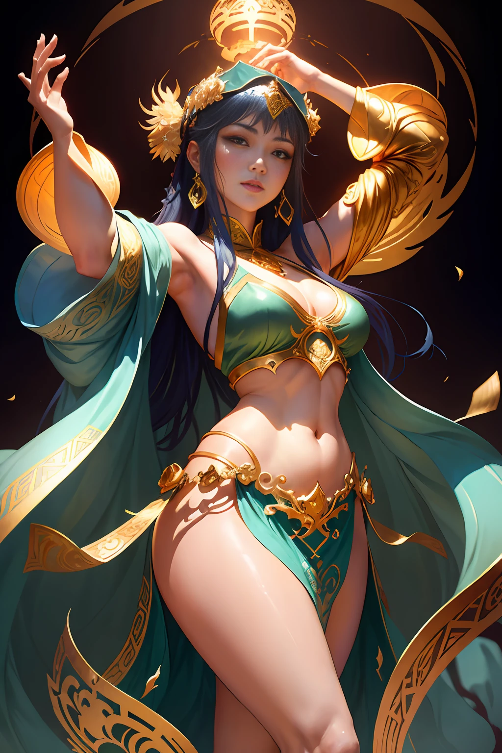 arafed image of a woman in a belly dance costume, alphonse mucha and rossdraws, by Yang J, inspired by Fenghua Zhong, full color illustration, a beautiful fantasy empress, inspired by Lan Ying, by Shen Zhou, a beautiful artwork illustration, by Qu Leilei, by Yan Hui, by Zeng Jing, by Lu Guang