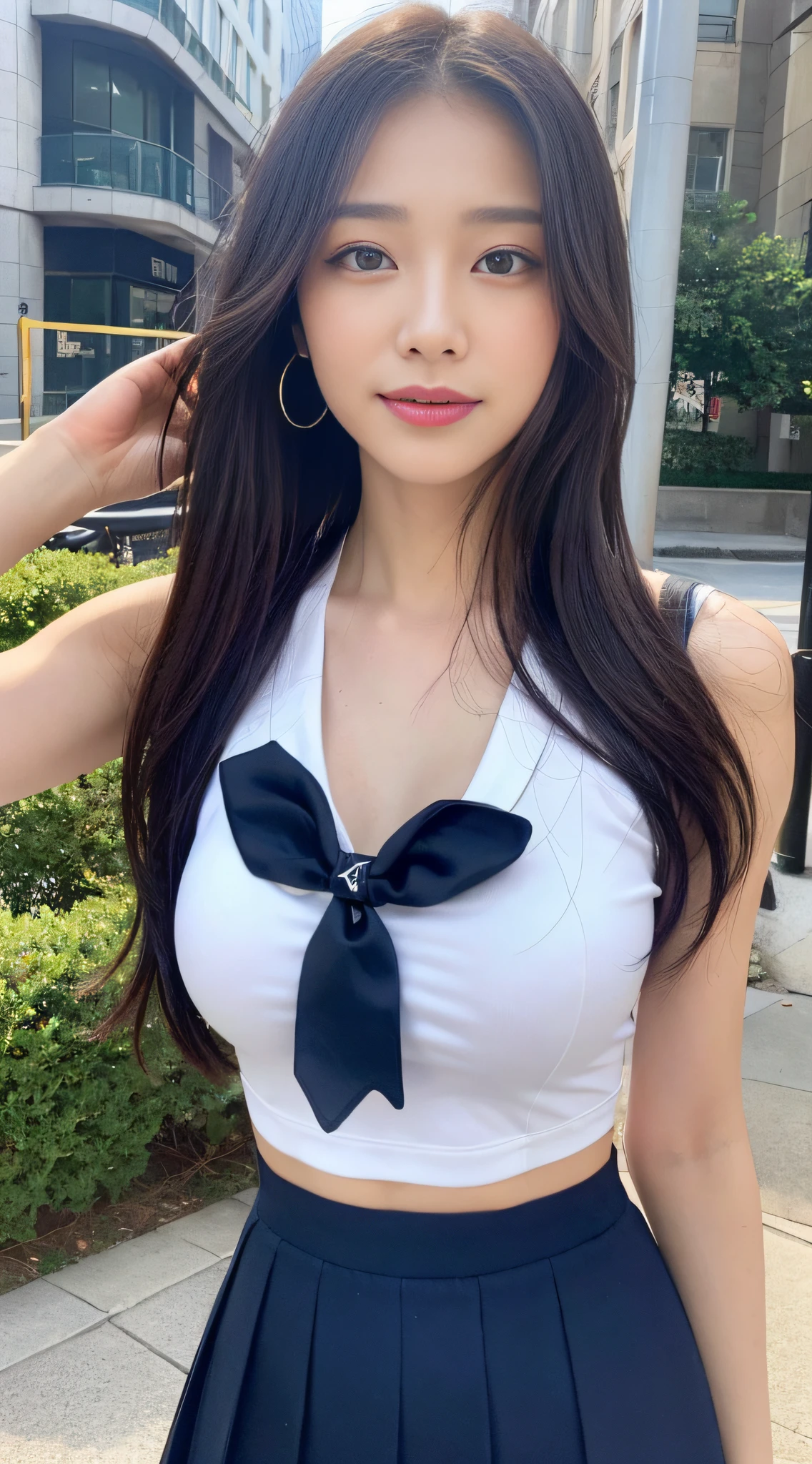 ((Best quality, 8k, Masterpiece :1.3)), 1girl, beautiful woman with emphasis on slender abs: 1.3, (long hair, big breasts: 1.2), oversized tank top:1.2, ultra-delicate face, delicate eyes, double eyelids, smile, home, (short sleeves JK_shirt), JK_style, (navy JK_skirt), (bow JK_tie), mix4, Detailed eye on city streets