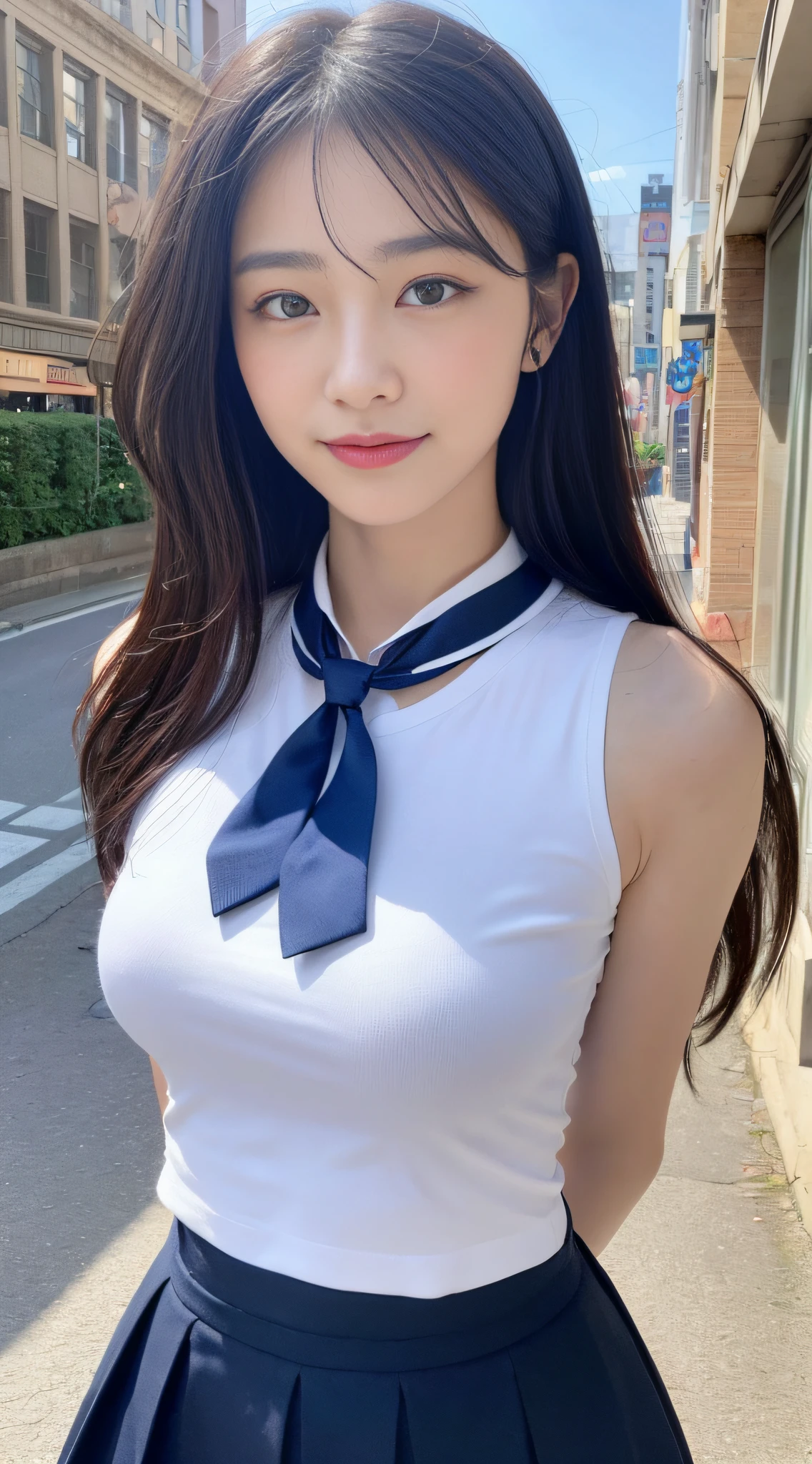((Best quality, 8k, Masterpiece :1.3)), 1girl, beautiful woman with emphasis on slender abs: 1.3, (long hair, big breasts: 1.2), oversized tank top:1.2, ultra-delicate face, delicate eyes, double eyelids, smile, home, (short sleeves JK_shirt), JK_style, (navy JK_skirt), (bow JK_tie), mix4, Detailed eye on city streets