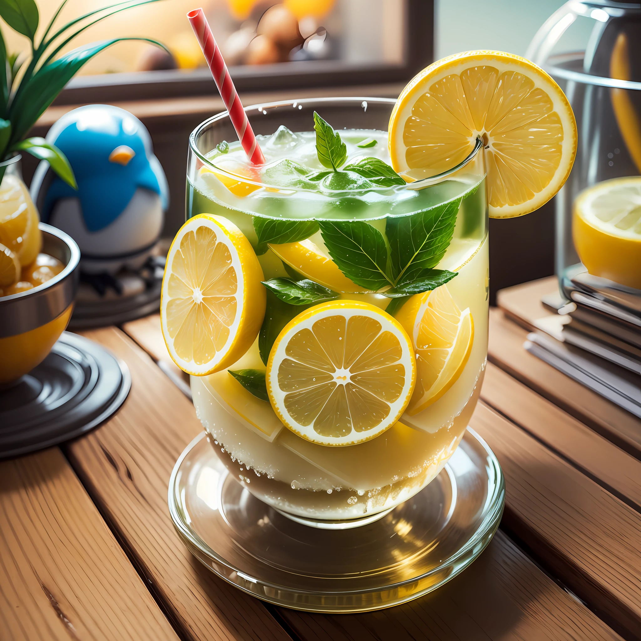 there is a glass of lemonade with a penguin on it, 🐿🍸🍋, lemon demon, lemonade, slush)), it has lemon skin texture, 🍸🍋, slush, sonichu, lemon, lemonlight, slush!!, happy!!!, cold drinks, vivid), drink, shikamimi, with lemon skin texture, ❤🔥🍄🌪 --auto --s2