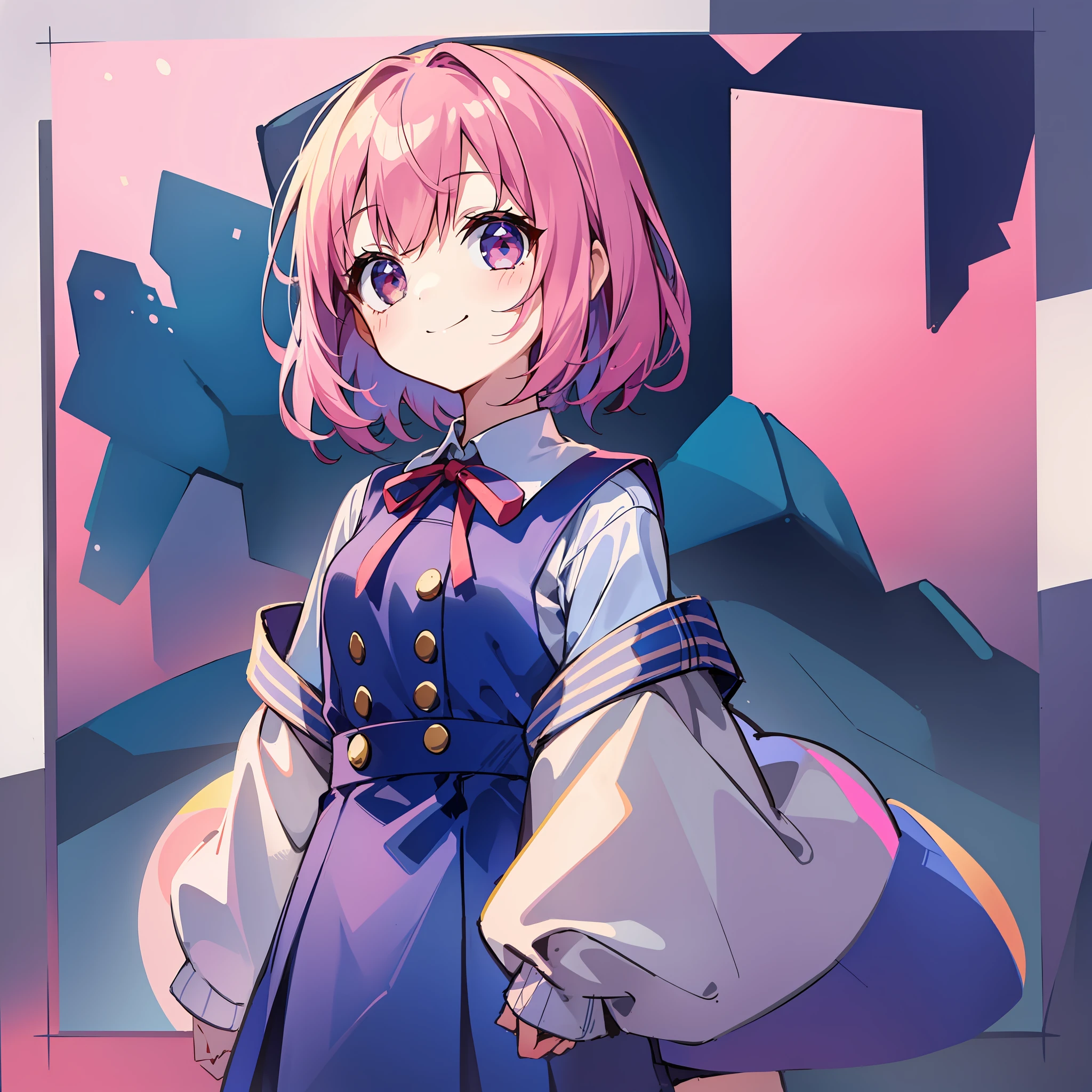1 Girl, Solo, (Chibi: 1.5), (Facing Right: 1.3), Standing, Smiling, Pink Bob Cut Hair, Navy Blue Sailor Suit, Red Ribbon, White Background