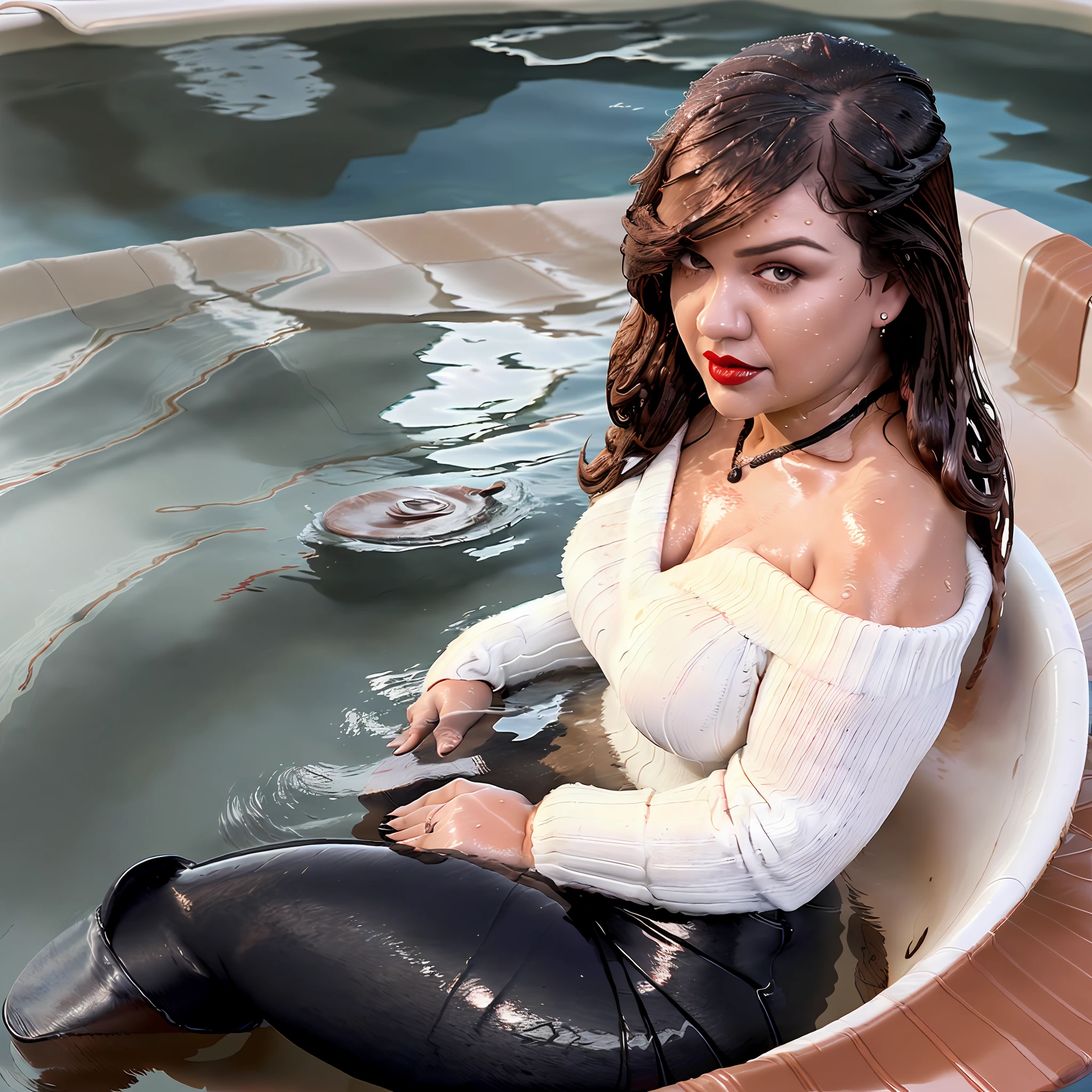 Overweight, chubby, small breasted, Kelly Clarkson, long brown hair, wearing (((tight dark jeans))) (((white v neck sweater))) (((black high heels))) ((wearing red lipstick)) ((wearing jewellery)) (((black handbag on shoulder))) subject is sitting in hot tub ((submerged:1.4)) ((wet clothes:1.2)) (((full body shot))) (((view side on))) (masterpiece) ((cinematic look)) —v 4