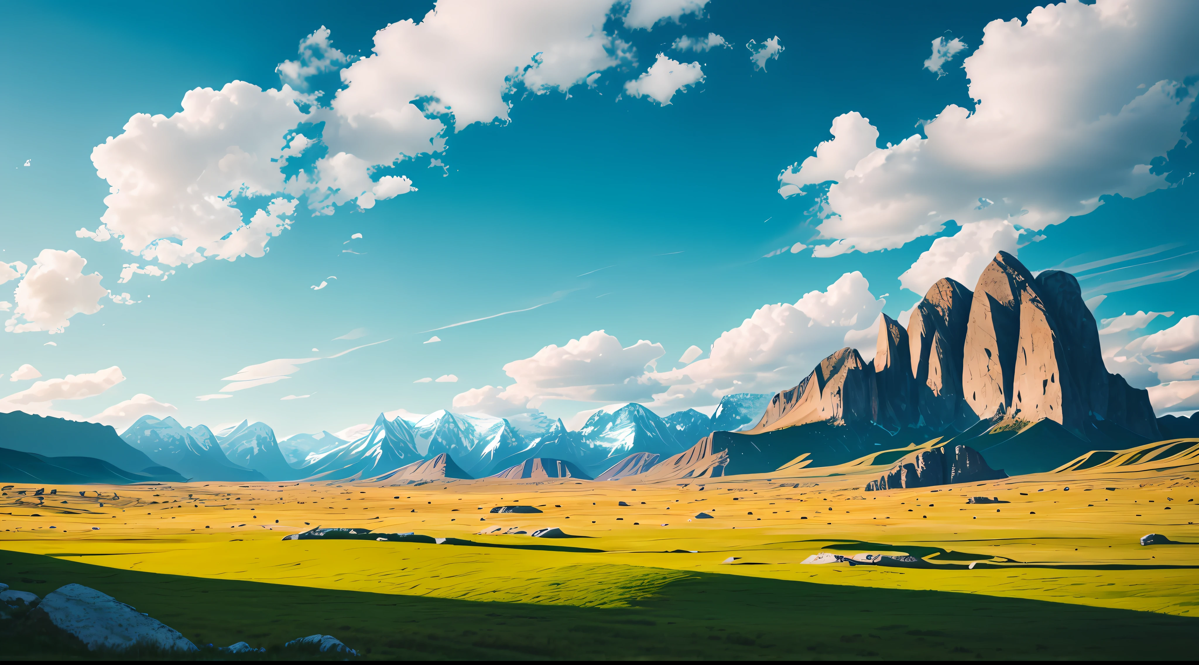 On the open grassland, an off-road vehicle, there are rock mountains in the distance, green grassland, blue sky, and white clouds, 8k detail, high def, cinematic light