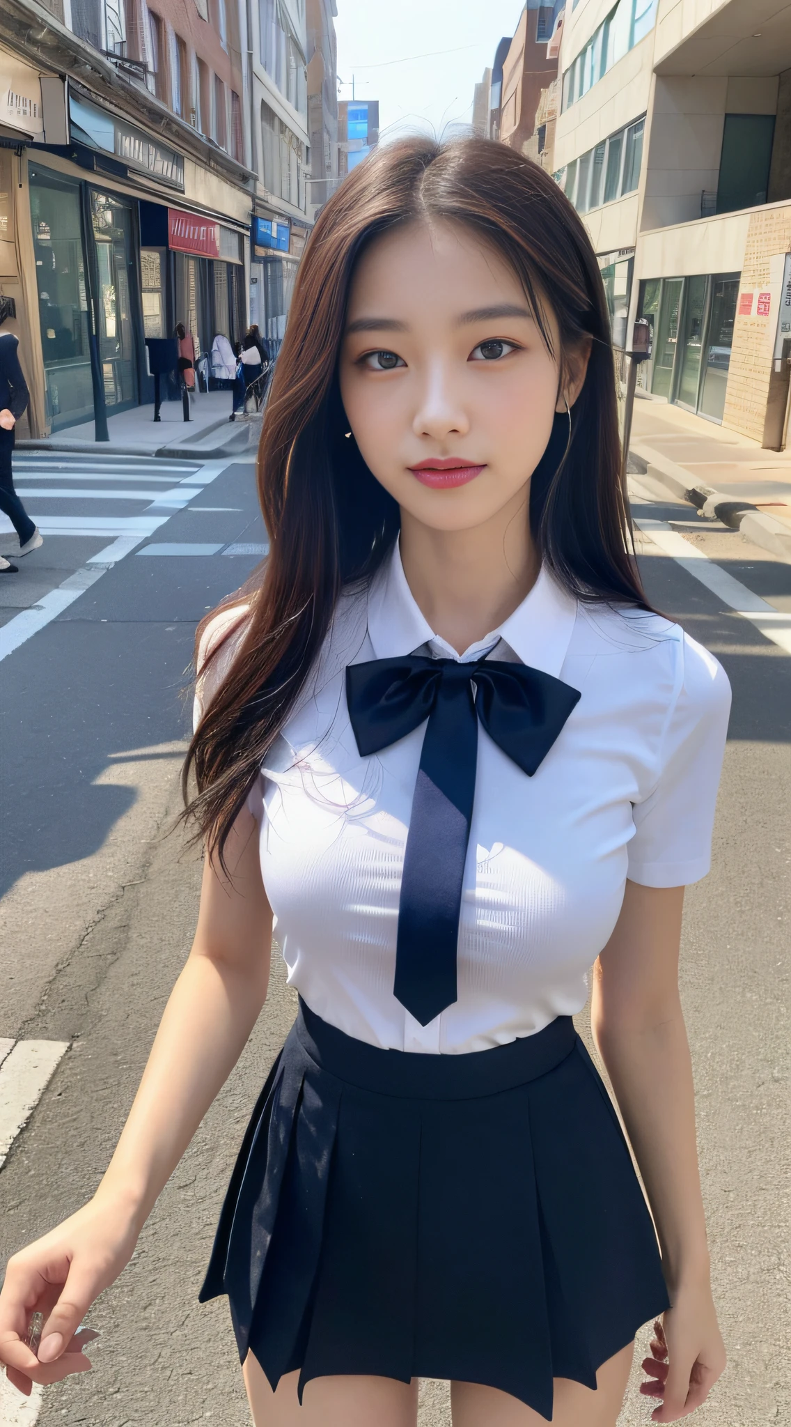 ((Best quality, 8k, Masterpiece :1.3)), 1girl, beautiful woman with emphasis on slender abs: 1.3, (long hair, big breasts: 1.2), oversized tank top:1.2, ultra-delicate face, delicate eyes, double eyelids, smile, home, (short sleeves JK_shirt), JK_style, (navy JK_skirt), (bow JK_tie), mix4, Detailed eye on city streets