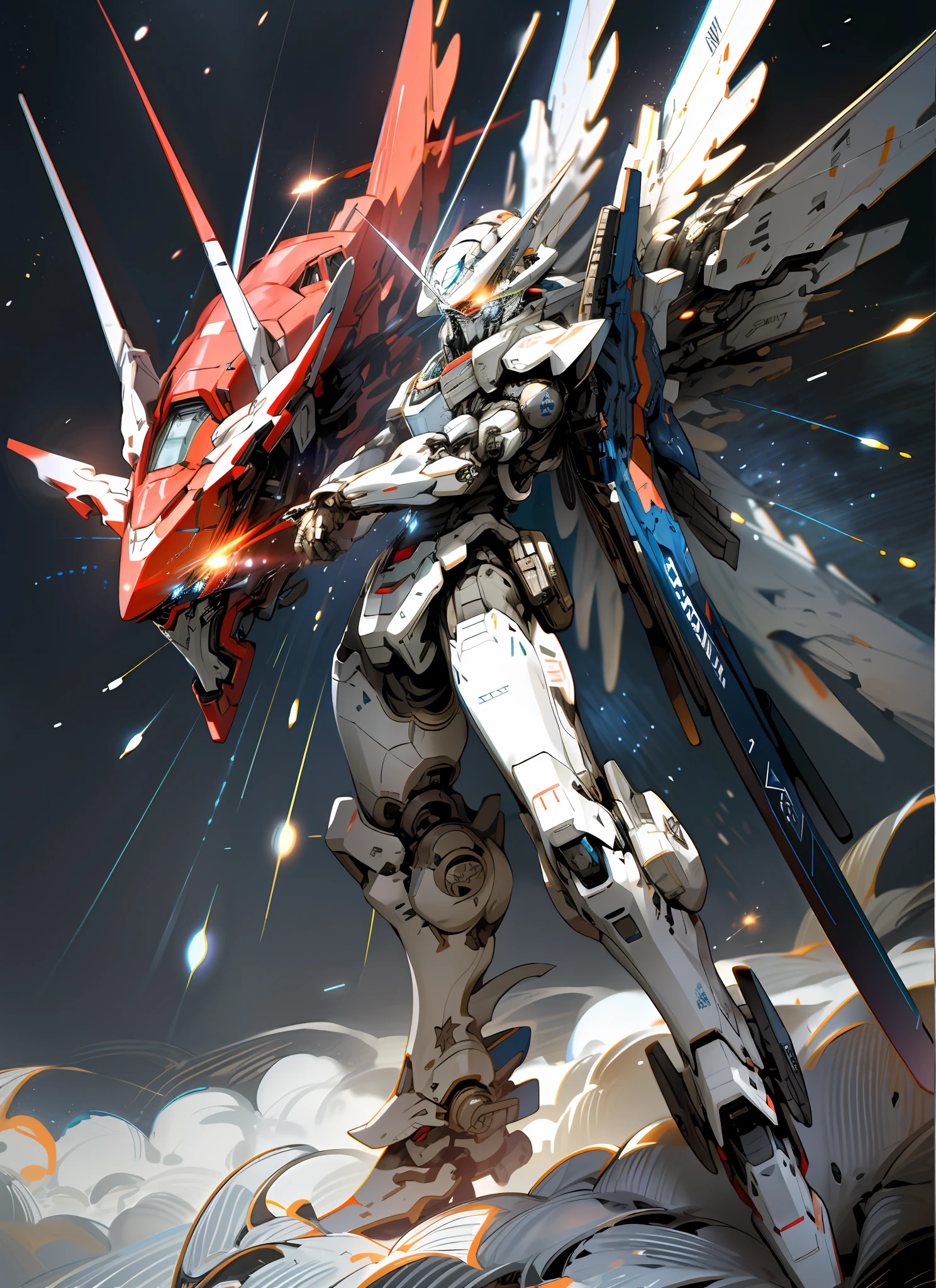 masterpiece, best quality, space, stars, planet background, holding_weapon, glowing, robot, glowing_eyes, mecha, science_fiction, realistic,mecha, red color, full body, mecha wings, action pose, blue and white color
